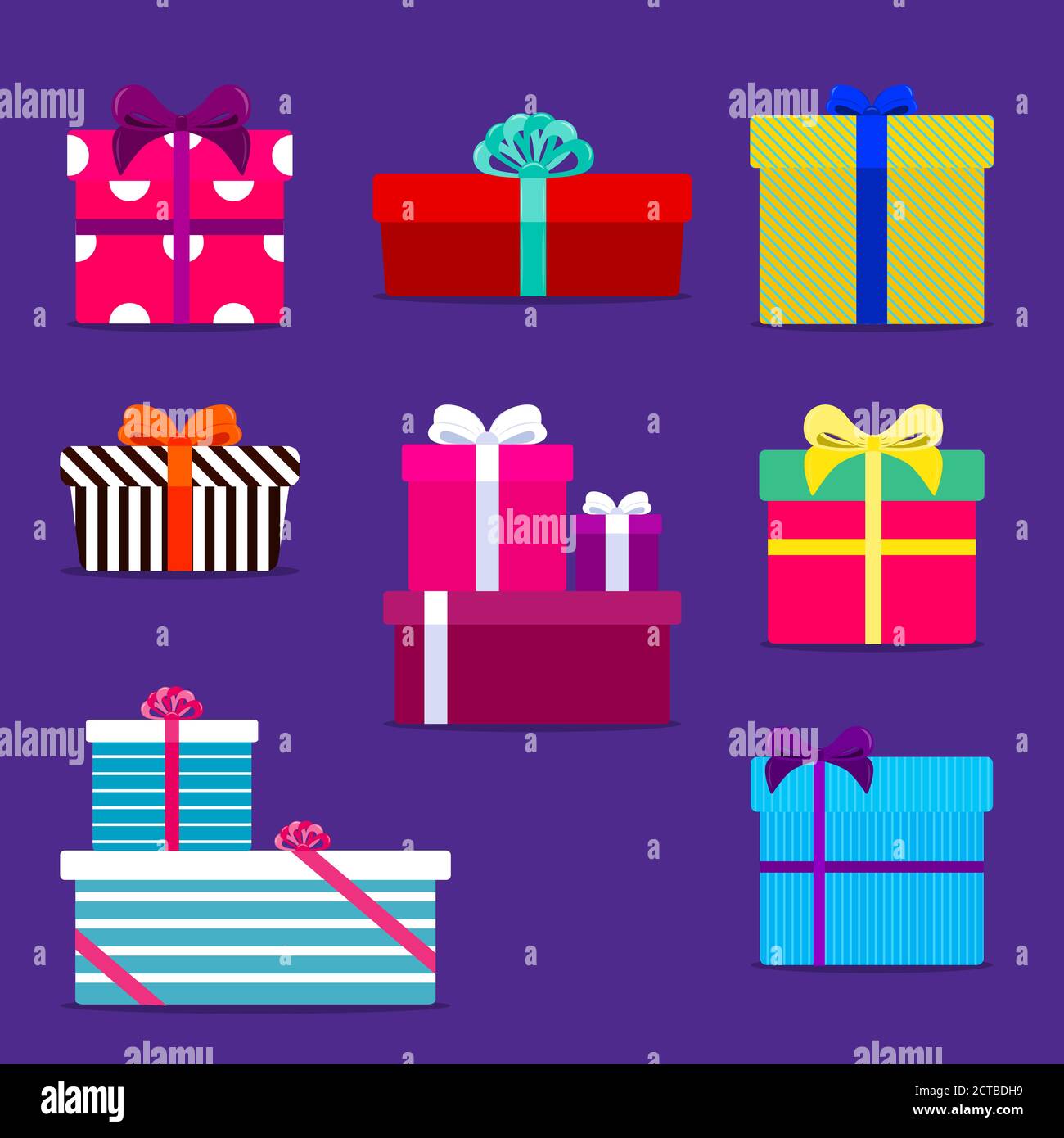 Set of Gift boxes icons in perspective in solid color wrapping