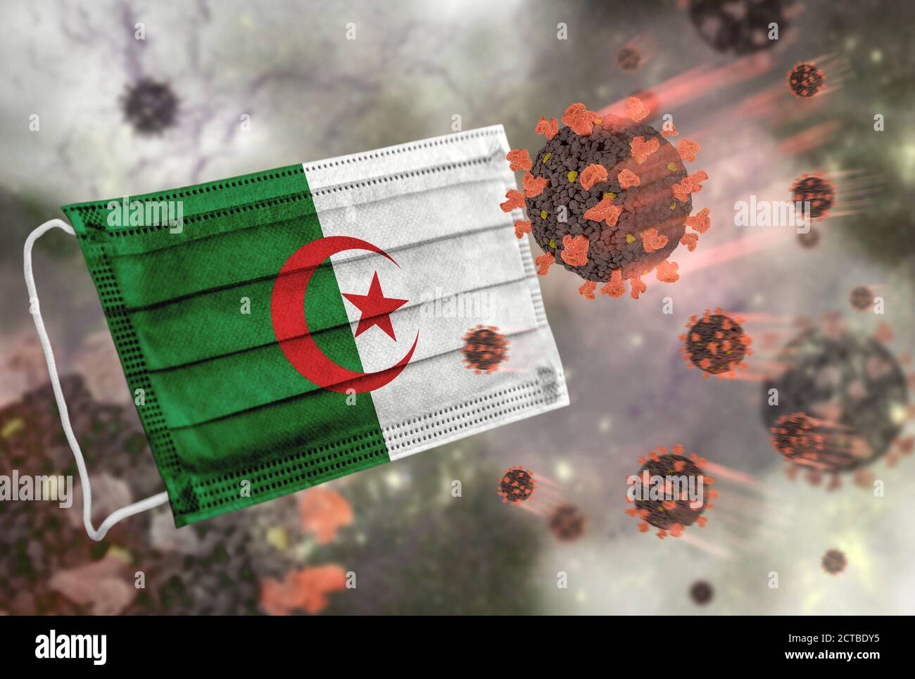 Face mask with flag of Algeria, defending coronavirus Stock Photo