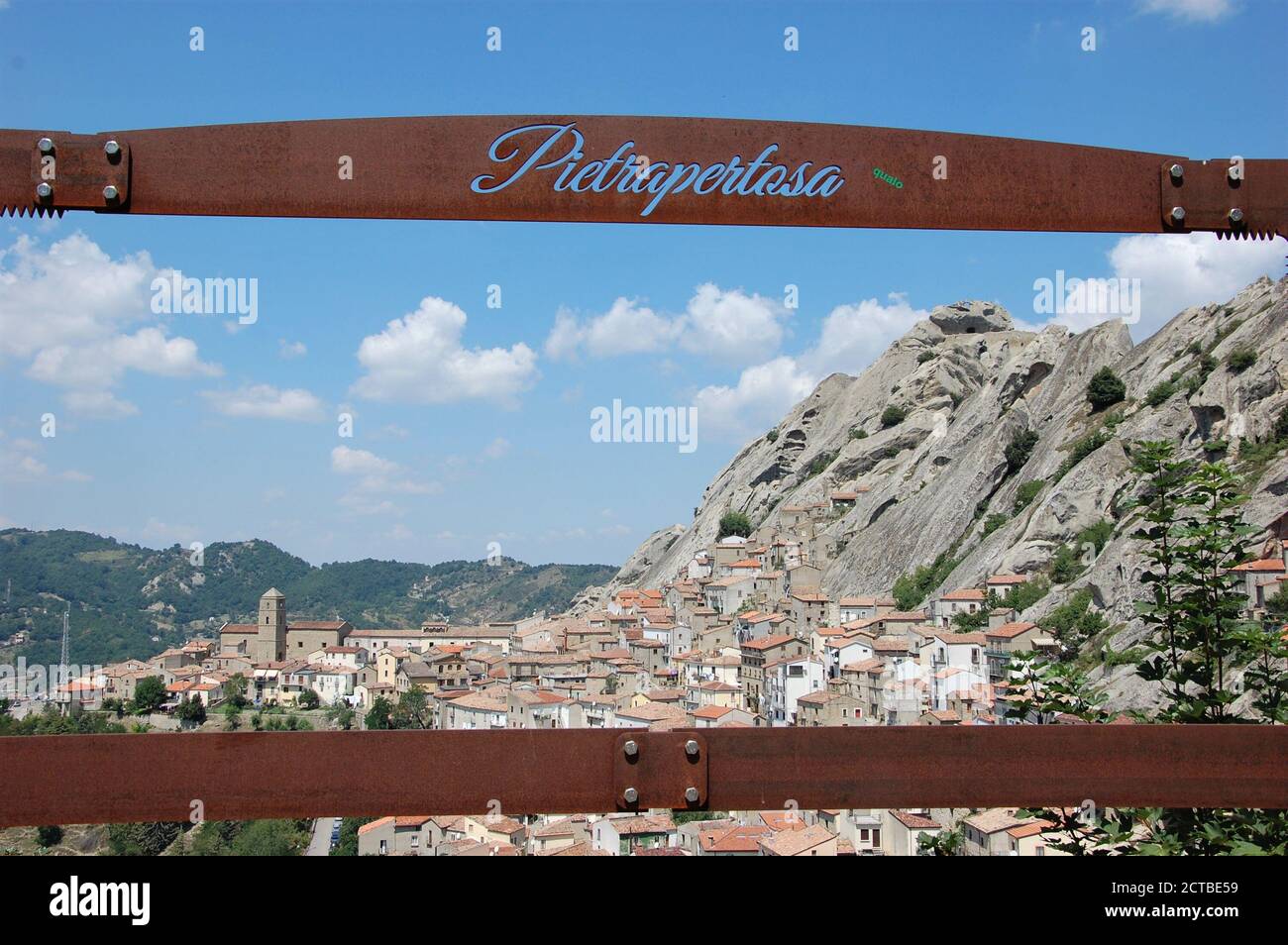 Lucanian Dolomites landscape in Basilicata and the mountain villages of Pietrapertosa and Castelmezzano cable flight tourist attraction Stock Photo