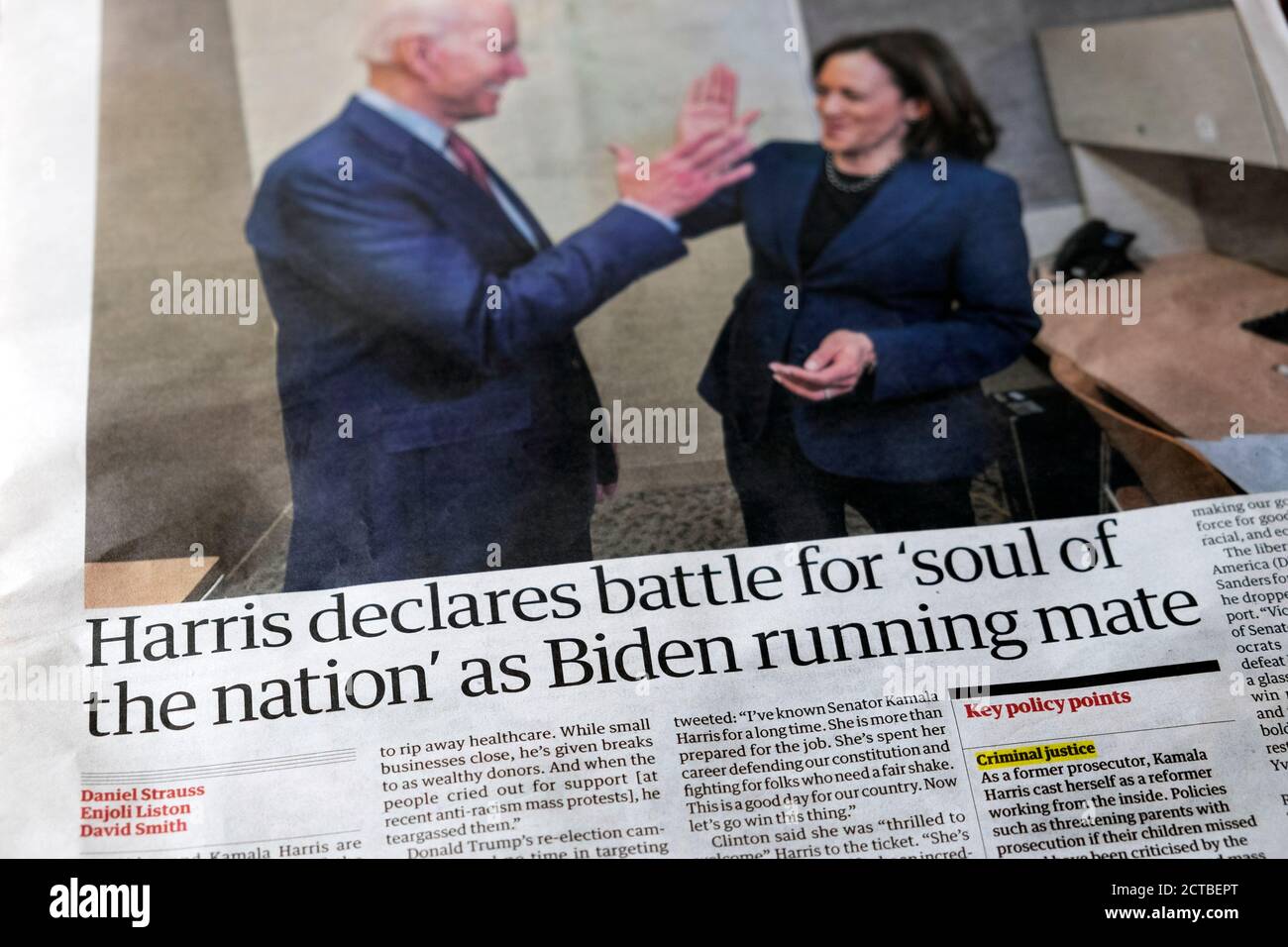 USA 2020 election Kamala 'Harris declares battle for 'soul of the nation' as Joe Biden running mate' Guardian newspaper headline Democratic candidate Stock Photo