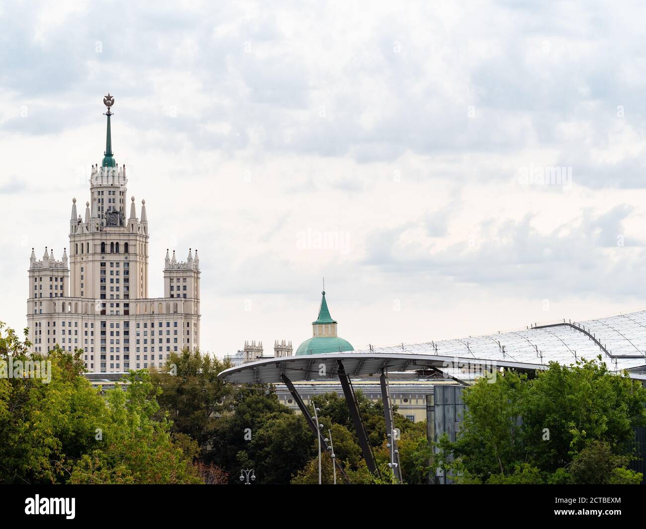 view of Kotelnicheskaya Embankment apartment building from Varvarka street in Moscow city on cloudy September day Stock Photo