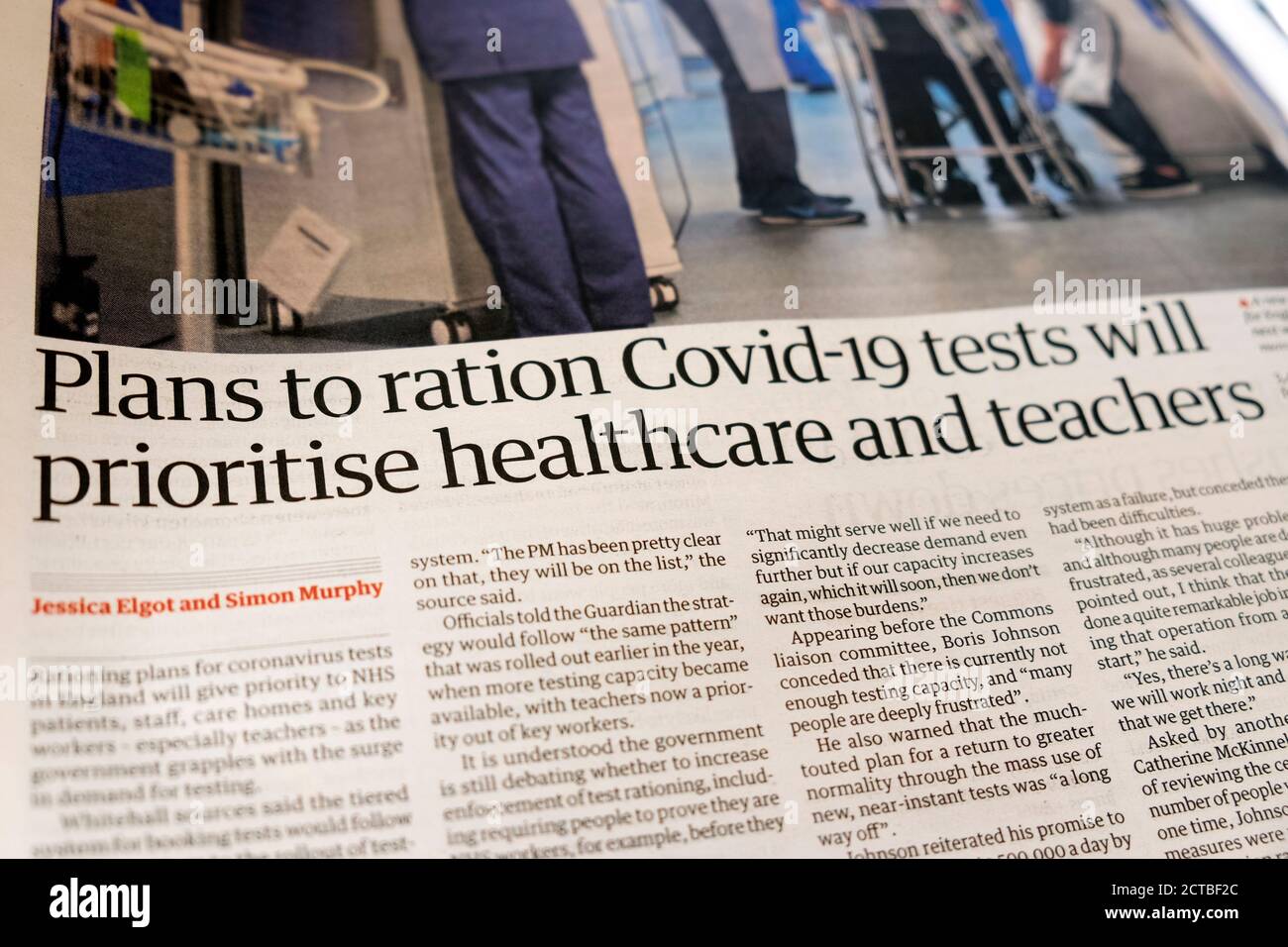 'Plans to ration Covid-19 tests will prioritise healthcare and teachers' Guardian newspaper inside page headline article on 16 September 2020 Britain Stock Photo