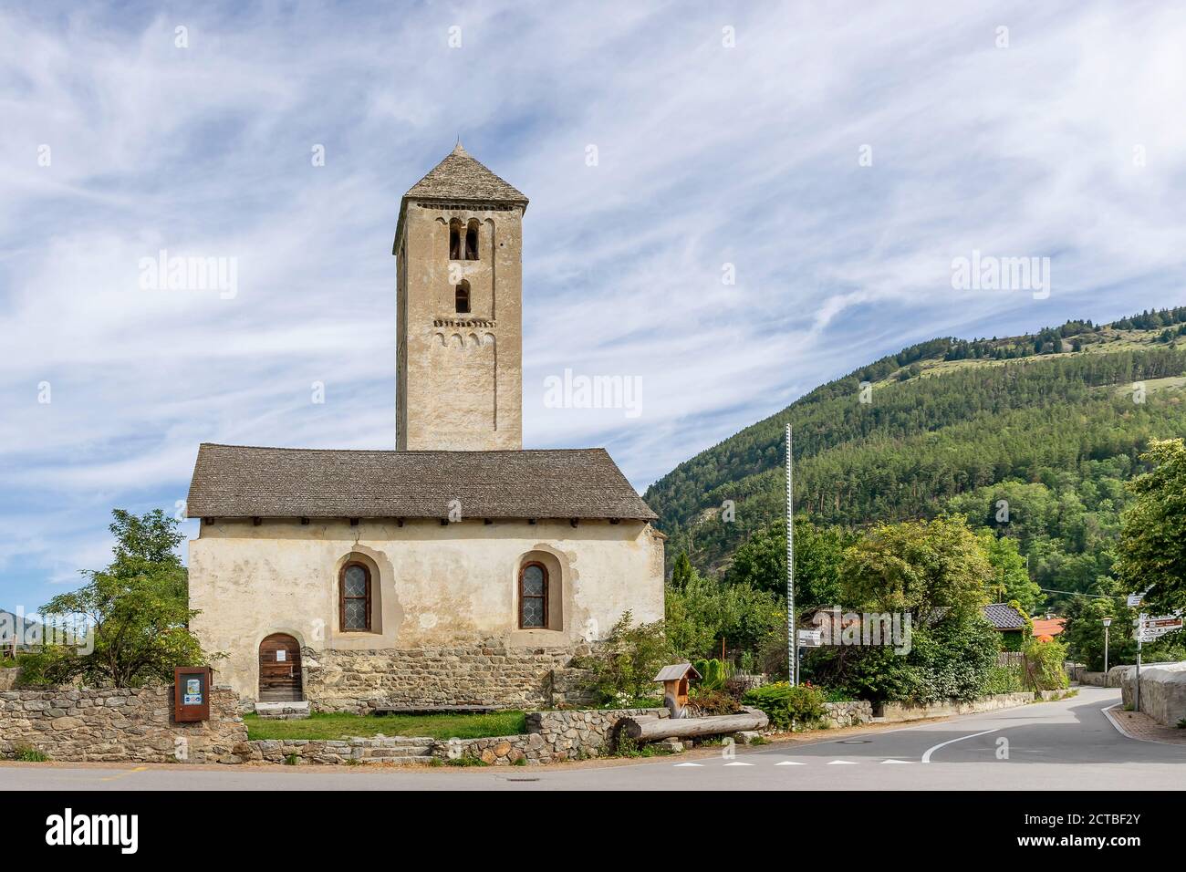 The ancient Church of San Benedetto in the historic center of Malles Venosta, South Tyrol, Italy Stock Photo
