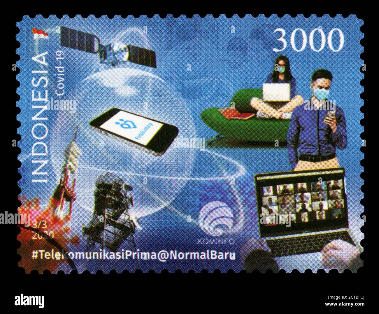 INDONESIA – CIRCA 2020: A postage stamp printed in Indonesia showing an image life during the pandemic of COvid-19, circa 2020. Stock Photo