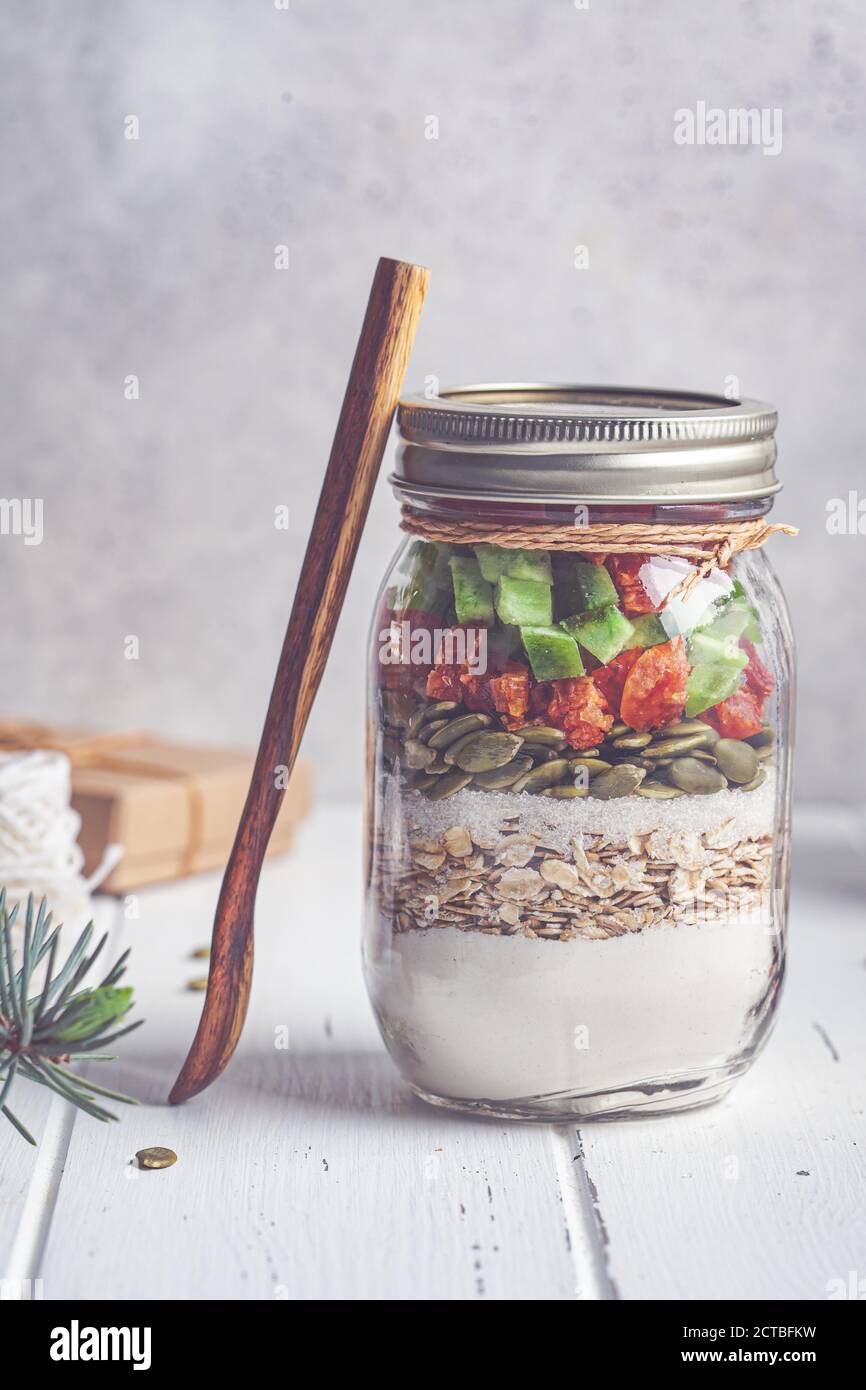 Christmas cookie mix jar. Dry ingredients for making Christmas cookies