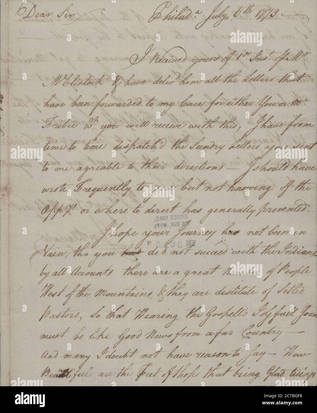 Letter to David McCleur --McClure--, near Carlisle., text, Documents, 1773, Bayard, John Stock Photo