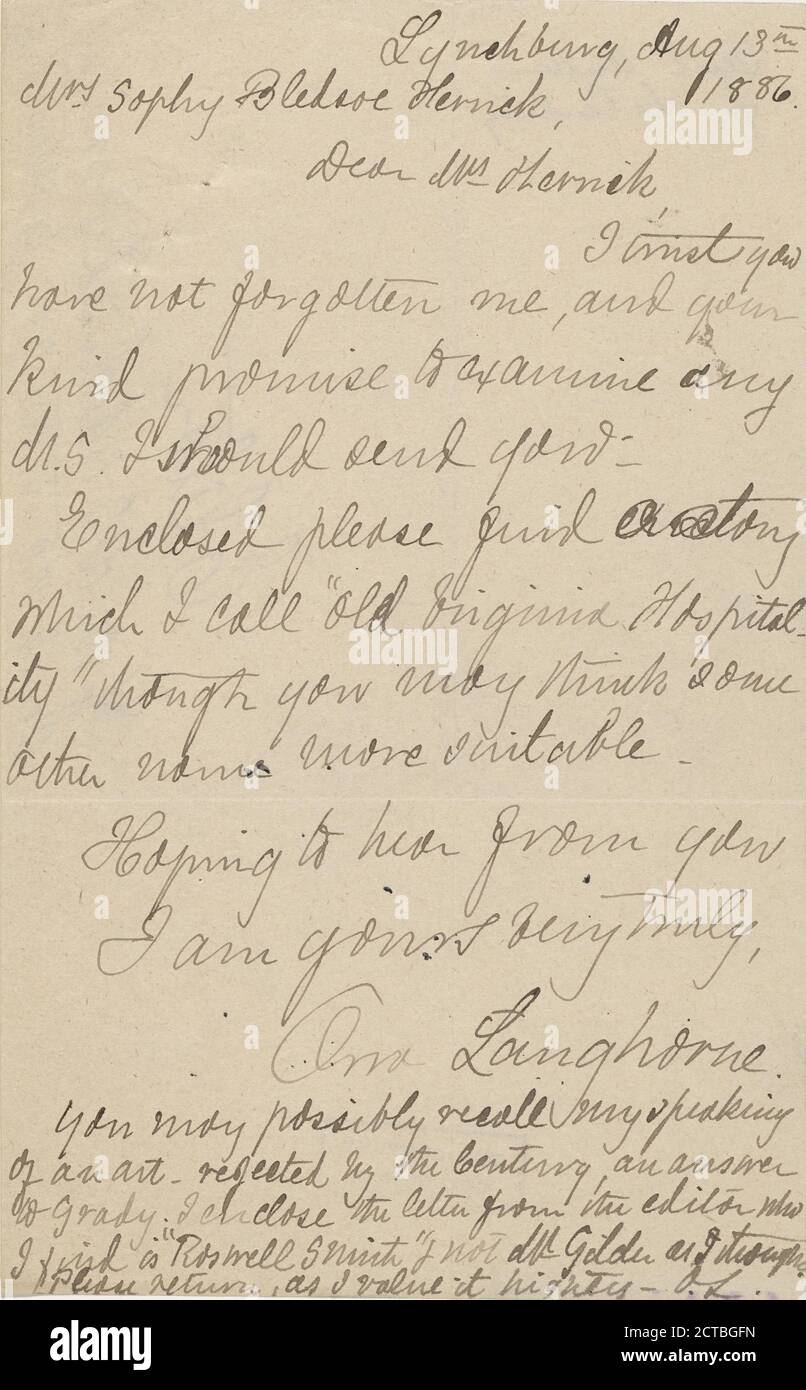 Langhorne, Orra, text, Correspondence, 1896 Stock Photo