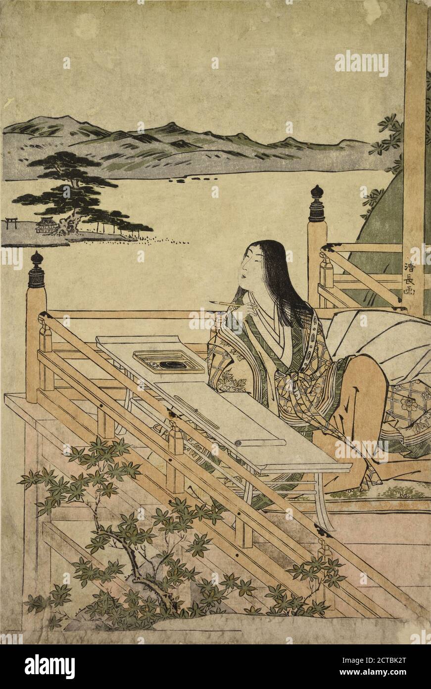 Murasaki Shikibu the celebrated poetess of the tenth century, seated on the veranda of a building overlooking Lake Biwa, composing the Genji Monogatari, still image, Prints, 1785 Stock Photo