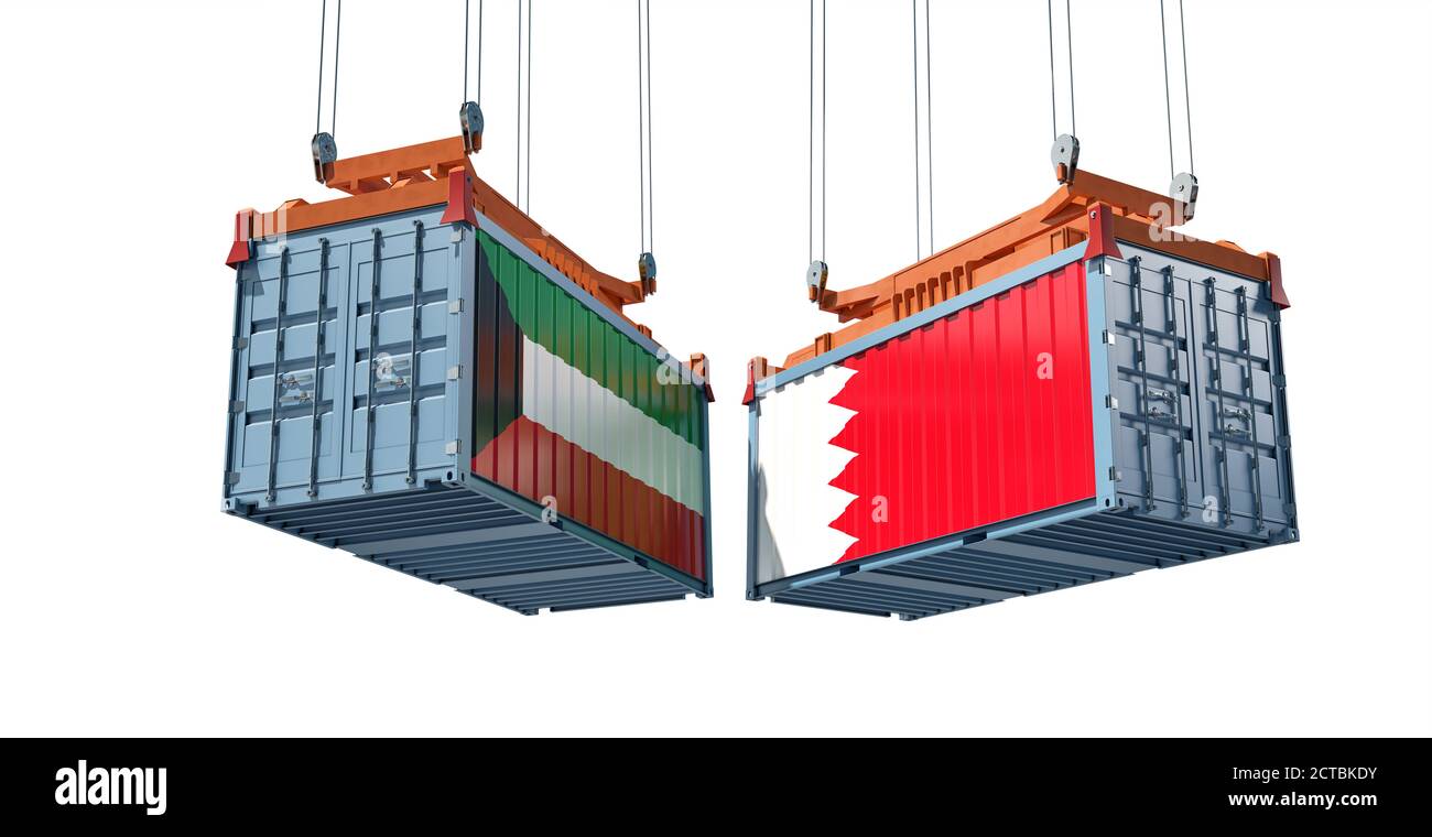 Freight containers with Kuwait and Bahrain flag. 3D Rendering Stock