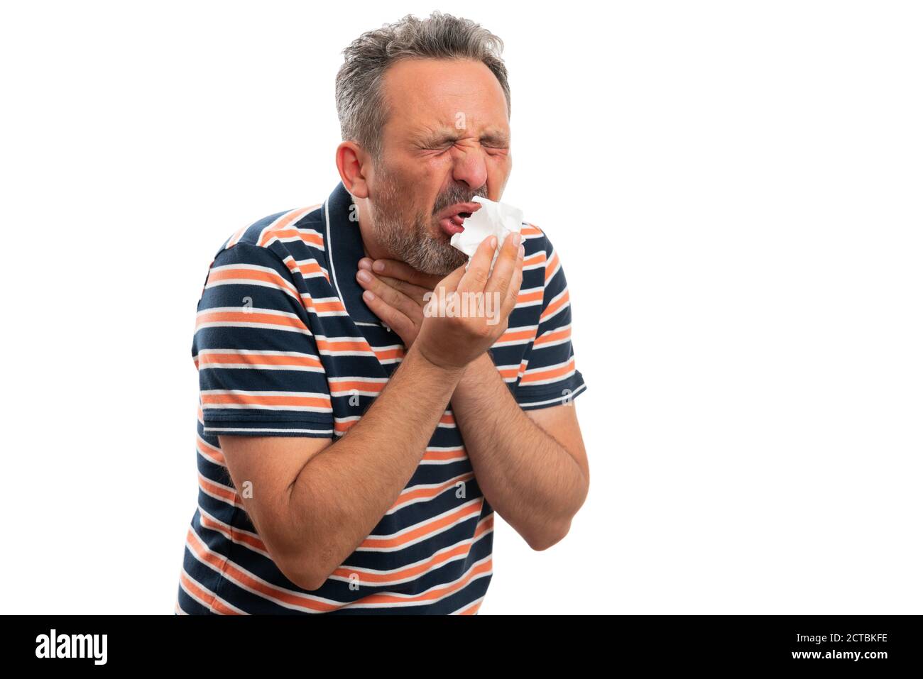 Sick man coughing and sneezing covering using tissue touching throat as