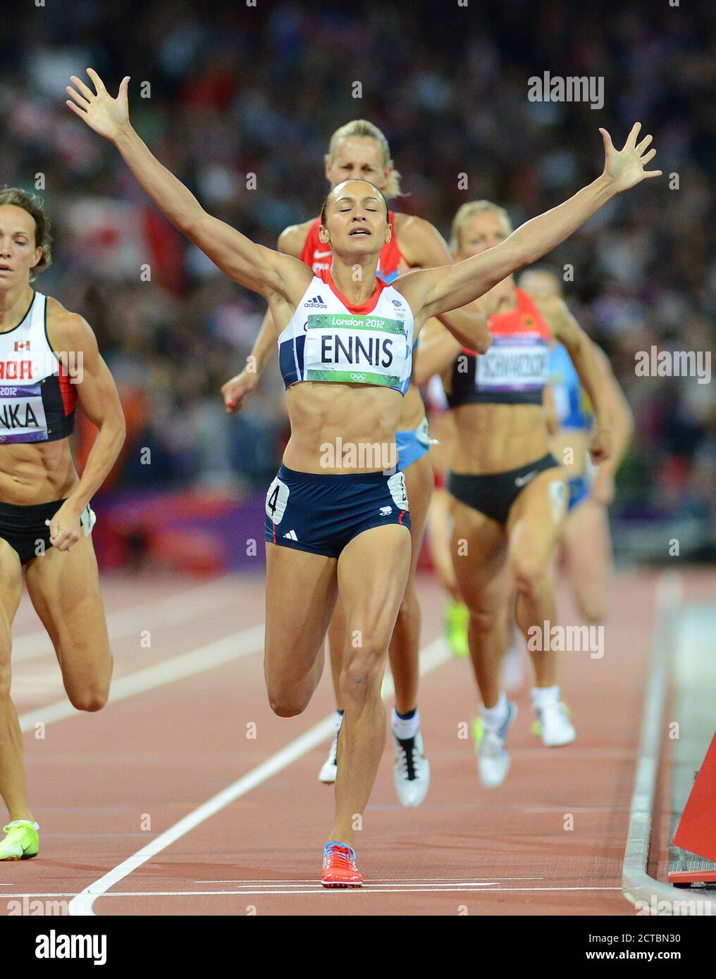 JESSICA ENNIS CELEBRATES WINNING THE GOLD MEDAL  WOMENS HEPTATHLON  LONDON 2012 OLYMPICS  Copyright Picture : Mark Pain  07774 842005 Stock Photo