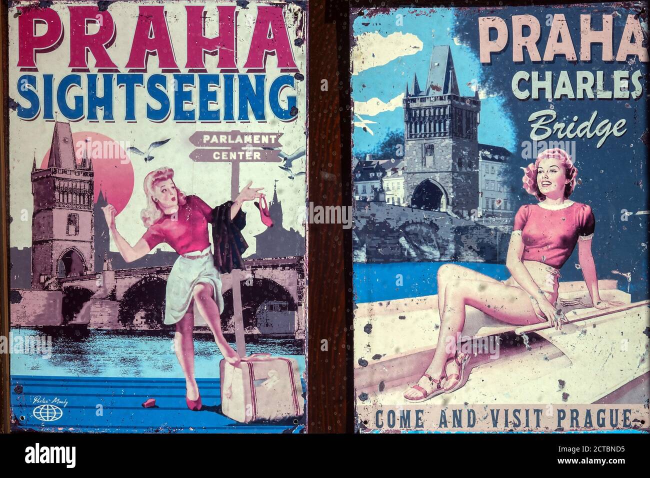 Vintage Prague posters women Old metal poster Prague sightseeing Czech Republic Stock Photo