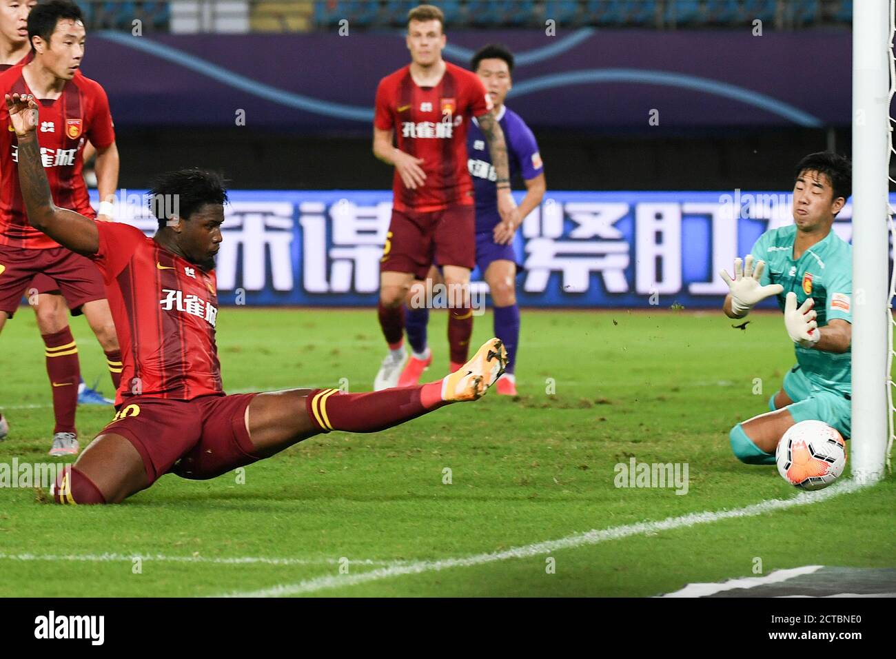 Suzhou, China's Jiangsu Province. 22nd Sep, 2020. Marko (Front) of Hebei China Fortune shoots during the 12th round match between Hebei China Fortune and Tianjin Taida at the postponed 2020 season Chinese Football Association Super League (CSL) Suzhou Division in Suzhou, east China's Jiangsu Province, Sept. 22, 2020. Heibei China Fortune won 1-0. Credit: Han Yuqing/Xinhua/Alamy Live News Stock Photo