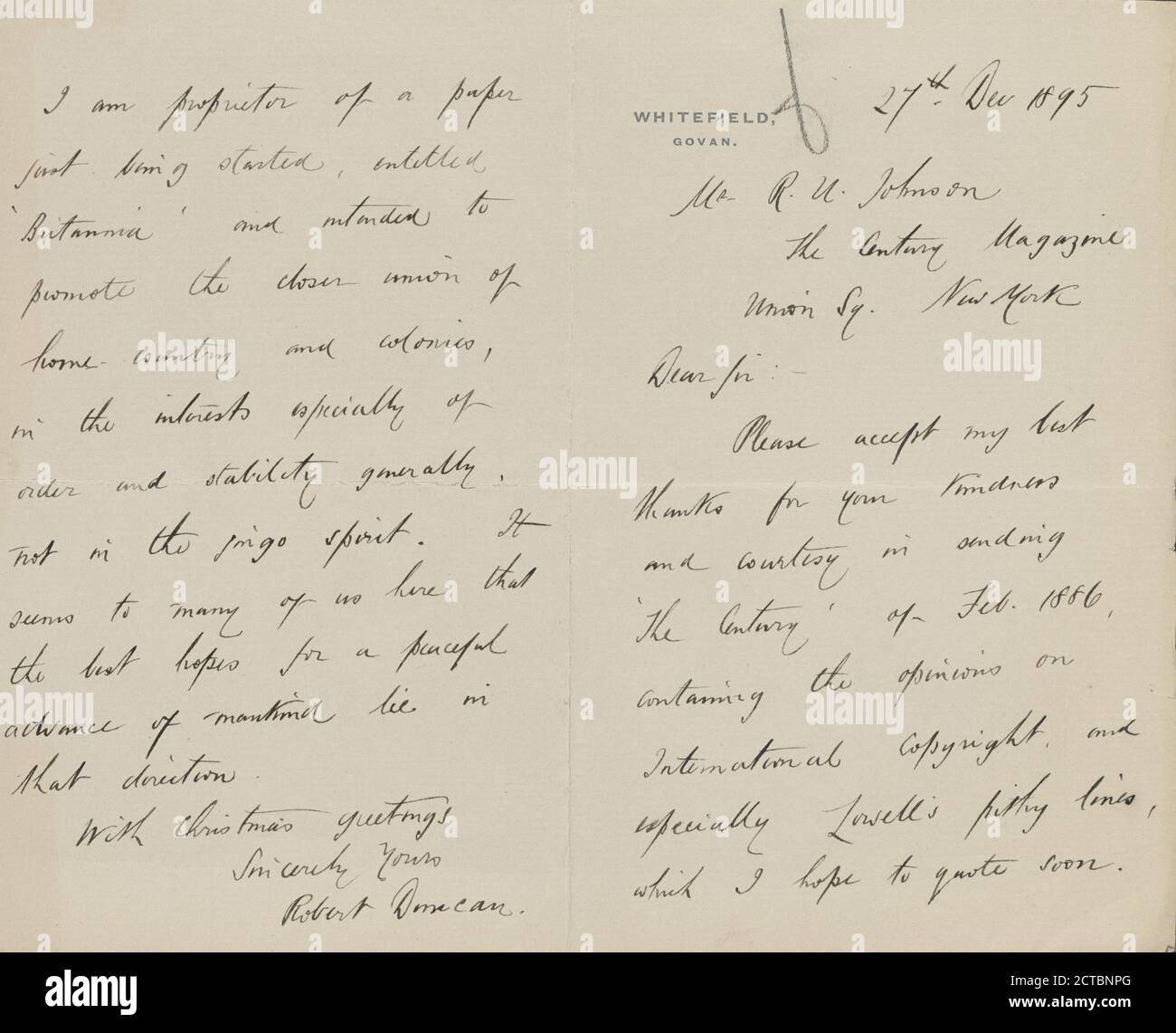 Duncan, Robert, text, Correspondence, 1895 Stock Photo