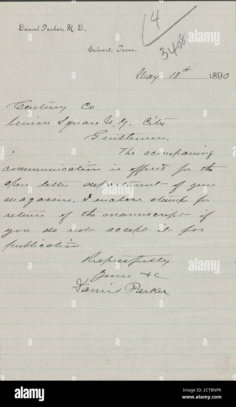 Parker, Daniel, text, Correspondence, 1890 Stock Photo