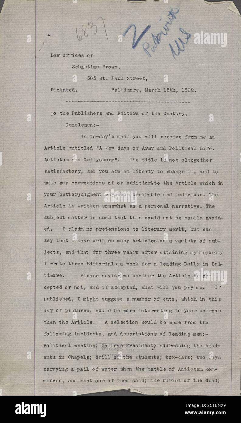 Brown, Sebastian, text, Correspondence, 1892 Stock Photo