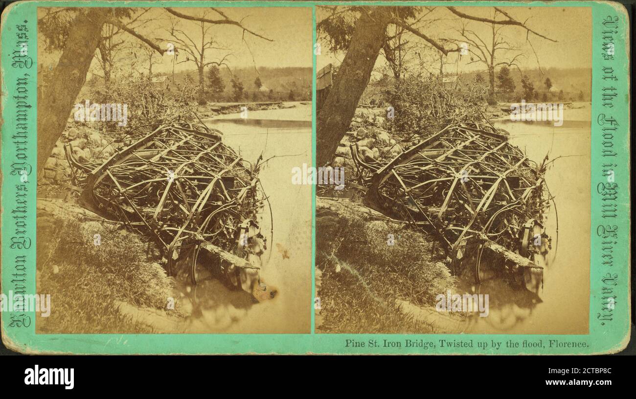 Pine St. iron bridge, twisted up by the flood, Florence., still image, Stereographs, 1874, Knowlton Bros Stock Photo