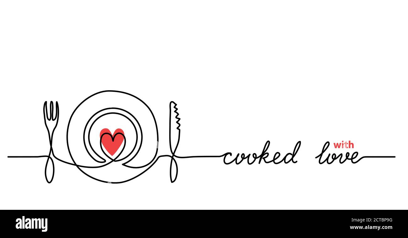 Plate, fork, knife, heart minimalist vector web banner, background. One