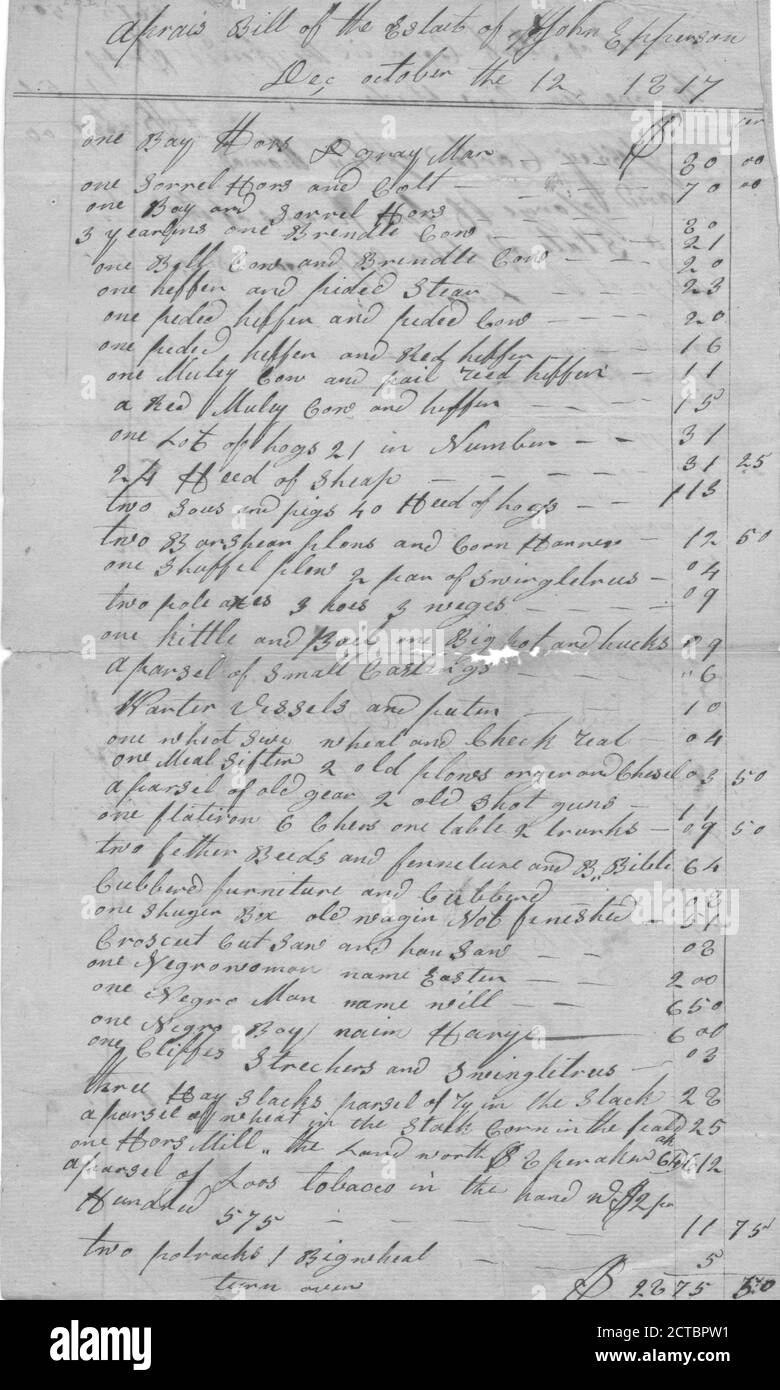 Aprais Appraisal; Bill of the Estate of John Epperson, text, Documents, 1817 Stock Photo