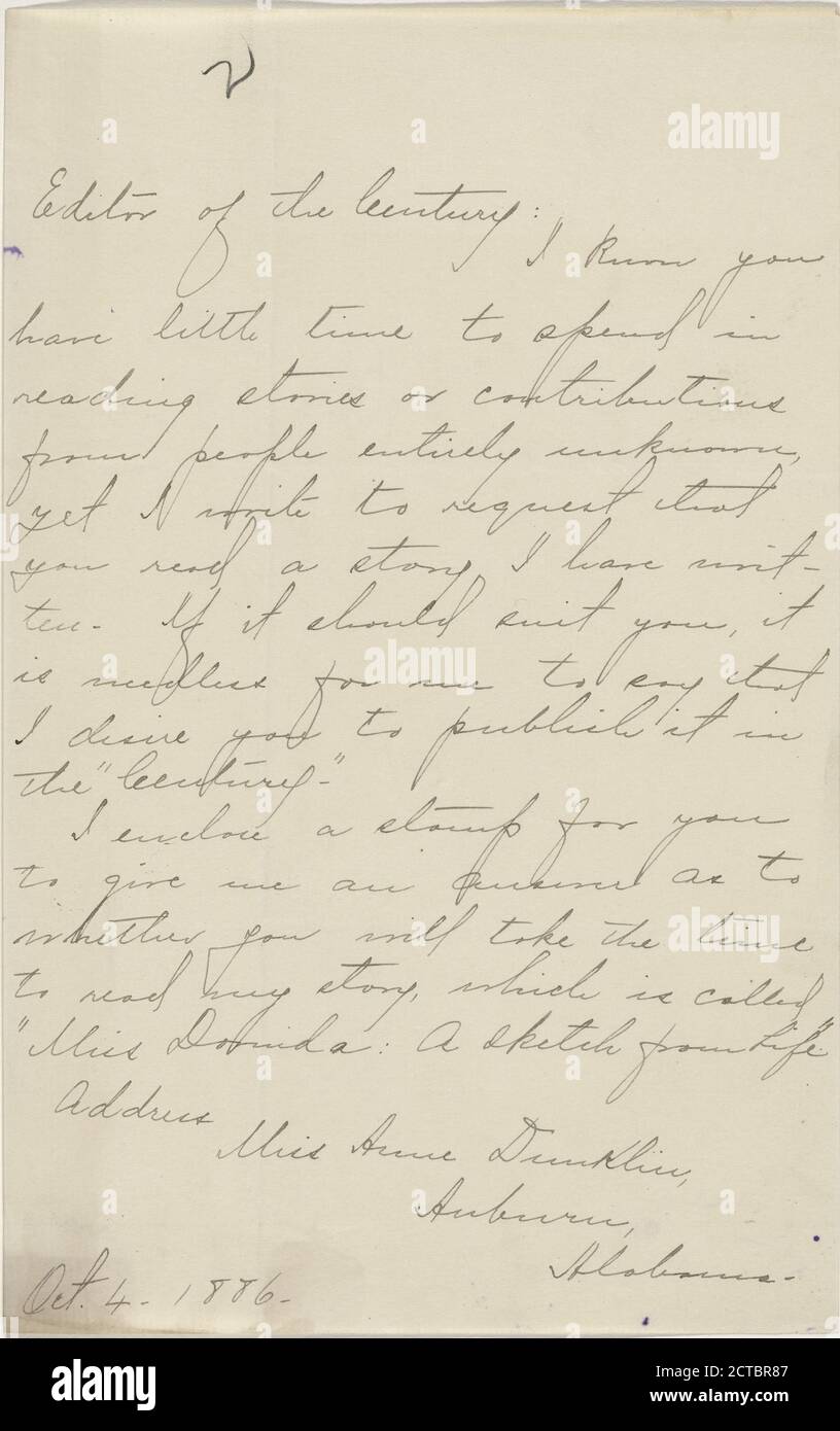 Dunklin, Anne, text, Correspondence, 1886 Stock Photo