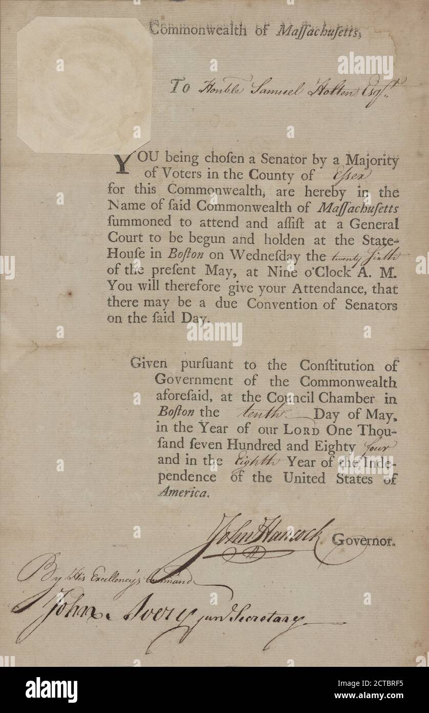 Document, text, Documents, 1784, Massachusetts. Governor Stock Photo