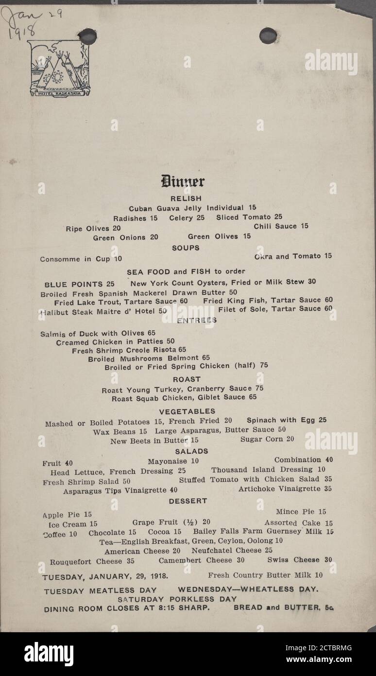 Hotel Kaskasia, text, Menus, 1900 Stock Photo - Alamy