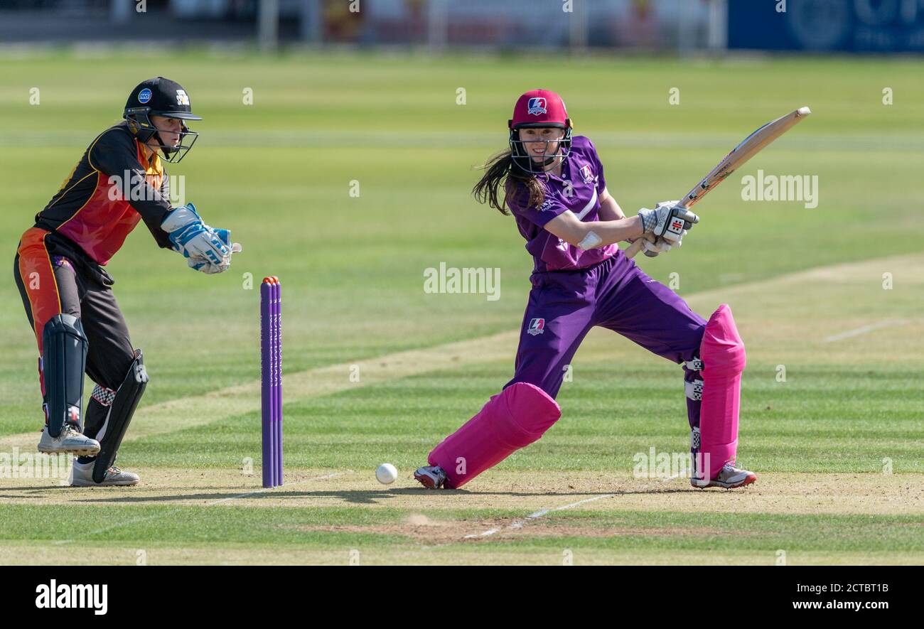 Sarah Bryce batting for Lightning watched by Central Sparks' keeper Gwen Davies in a Rachael Heyhoe Flint Trophy match Stock Photo