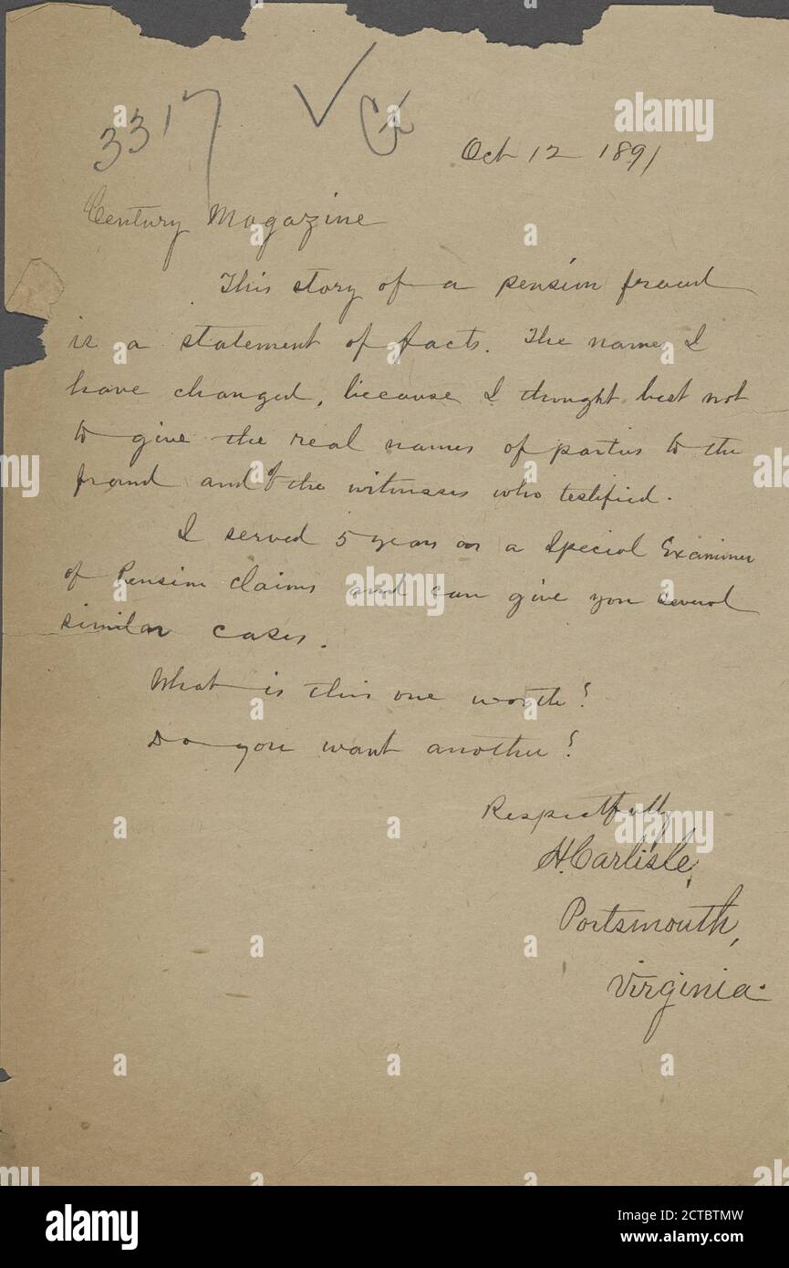 Carlise, H, text, Correspondence, 1891 Stock Photo