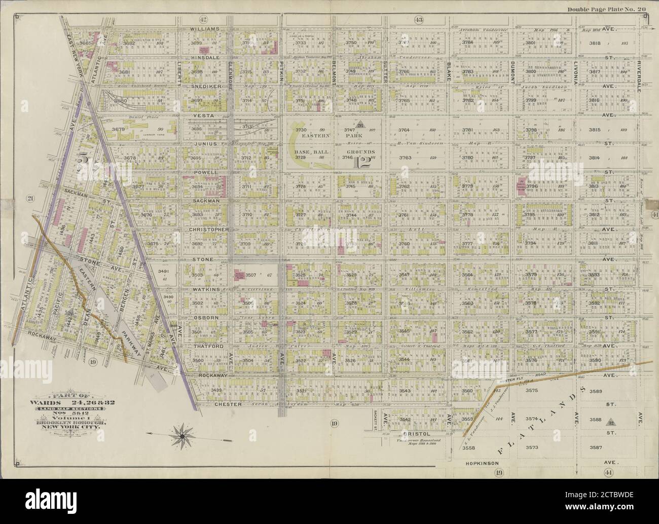 Double Page Plate No. 20: Bounded by Williams Avenue, Riverdale Avenue, Rockaway Avenue, Hunter Fly Road, Bristol Street, Sutter Avenue, Chester Street, East New York Parkway, Rockaway Avenue  and Atlantic Avenue., cartographic, Maps, 1898, Ullitz, Hugo Stock Photo