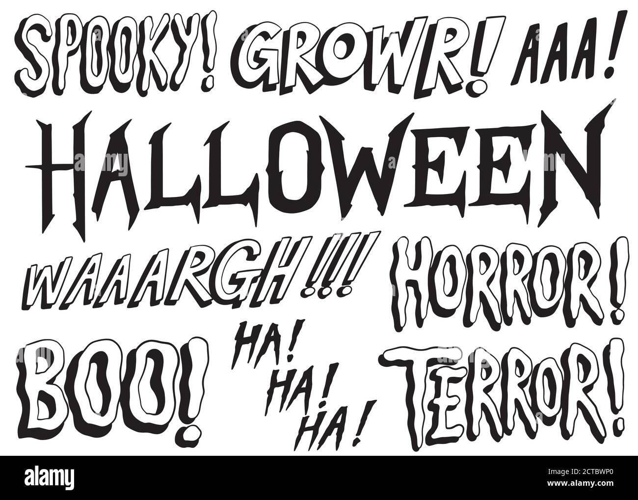 Set of scary words. Spooky Halloween cartoon words collection. Hand drawn, Black and white vector illustration. Stock Vector