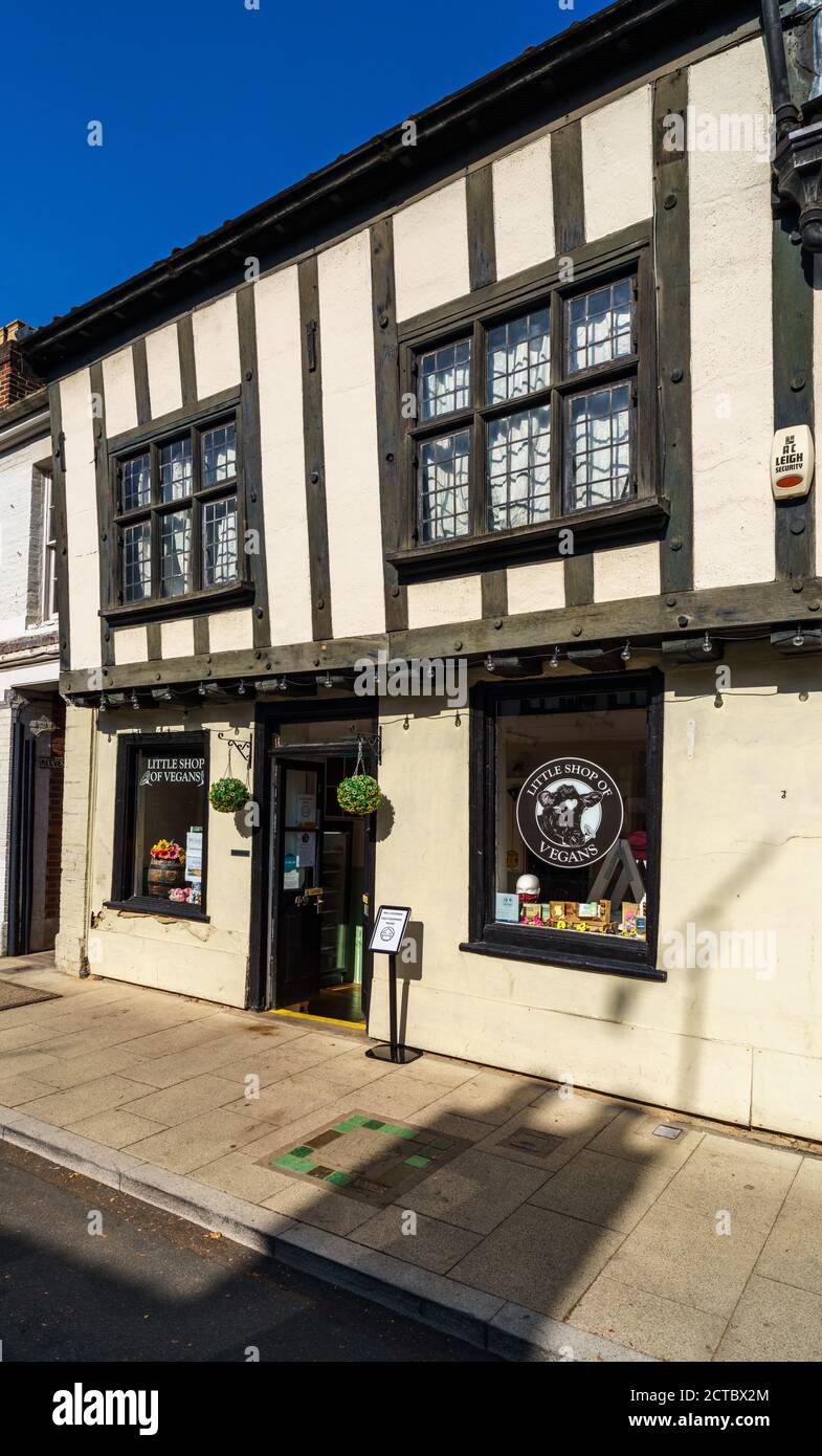Little Shop of Vegans Norwich - Vegan Shop in c16th building on St Benedicts Street in Norwich. Specialising in Vegan food and products, founded 2016. Stock Photo