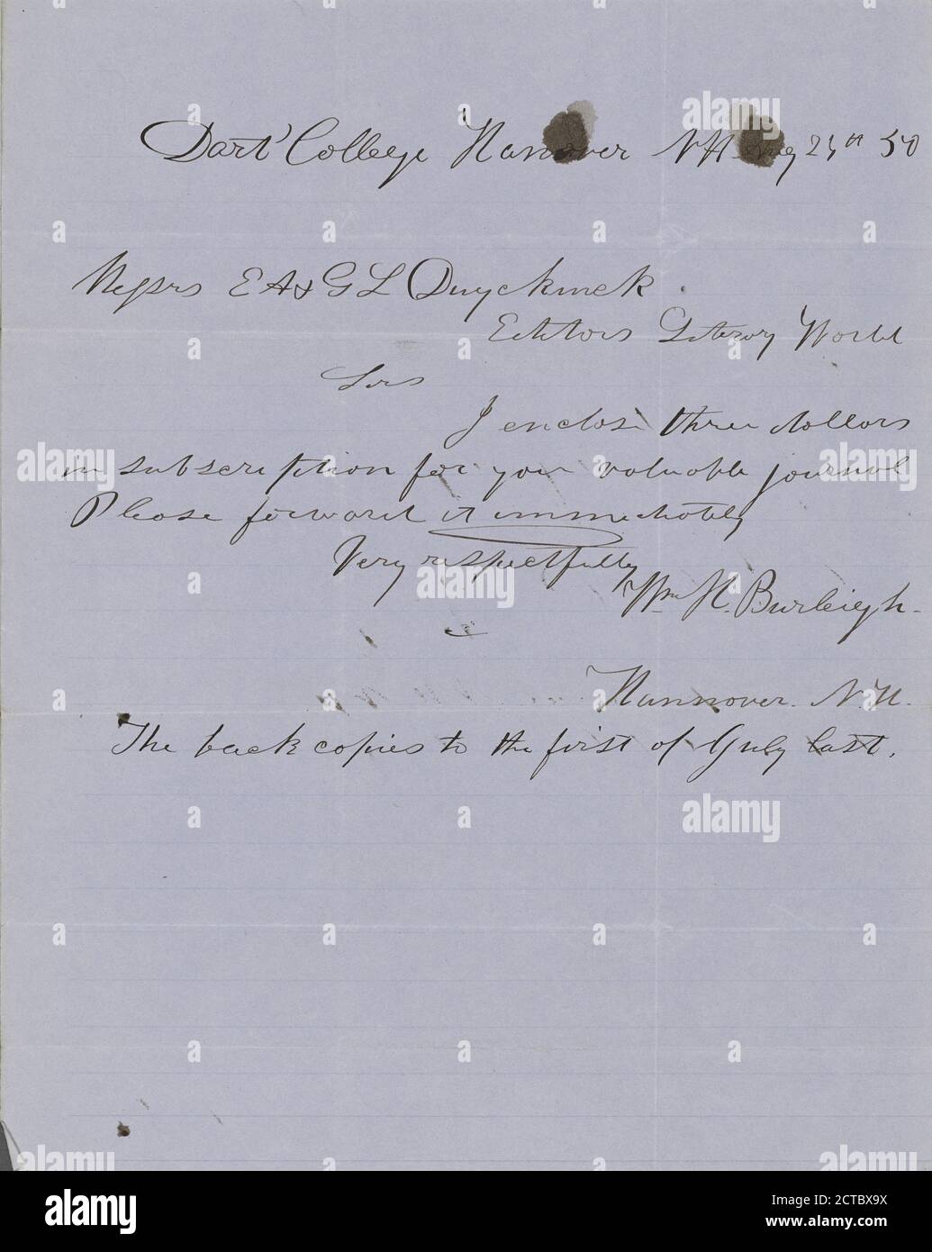Burleigh, William Henry (1812-1871), text, Correspondence, 1850 Stock Photo