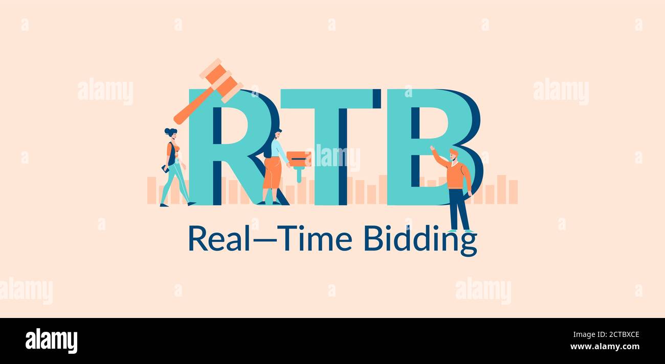RTB real time bidding illustration. Selling advertising in financial market successful corporate. Stock Vector