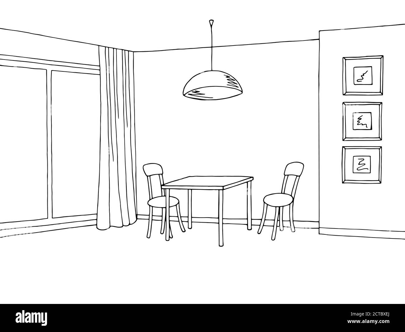 Kitchen room interior graphic art black white sketch illustration vector Stock Vector