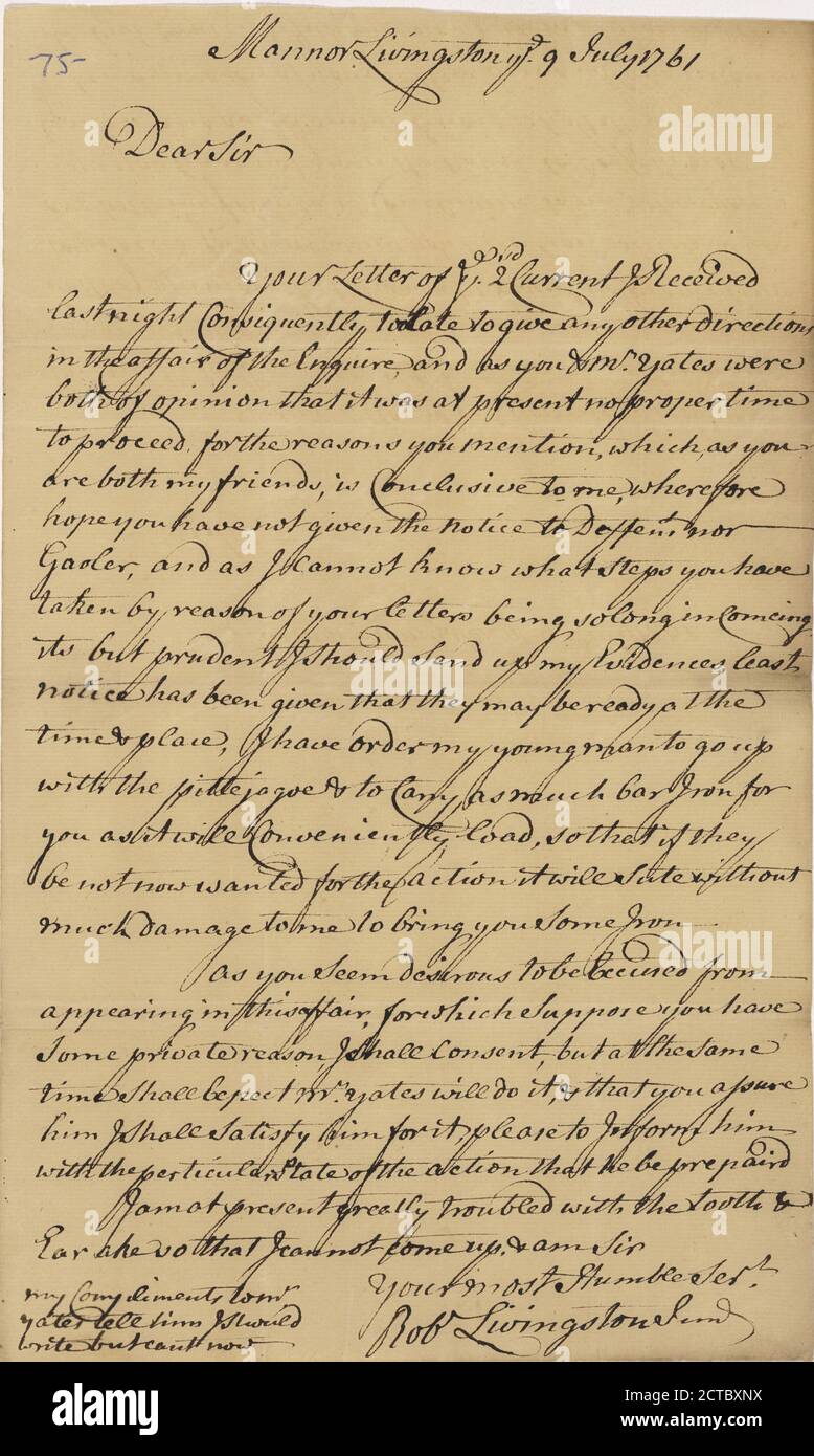 Livingston, Robert, Junr., addressed to Mr. James Stevenson, Merchant in Albany, text, Correspondence, 1761, Livingston, Robert R., 1718-1775 Stock Photo