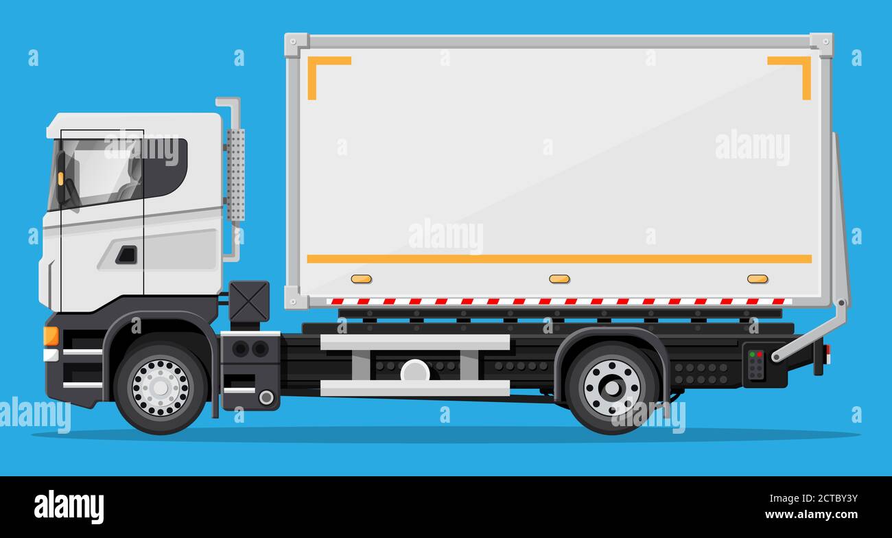 White delivery van isolated on blue background. Express delivering services commercial truck. Concept of fast and free delivery by car. Cargo and logistic. Cartoon flat vector illustration Stock Vector