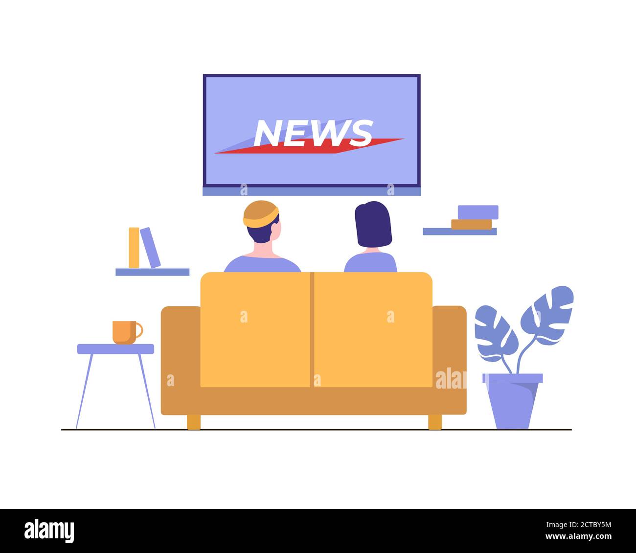 People watch news at home. Watching latest information events of day on TV in cozy living room. Stock Vector