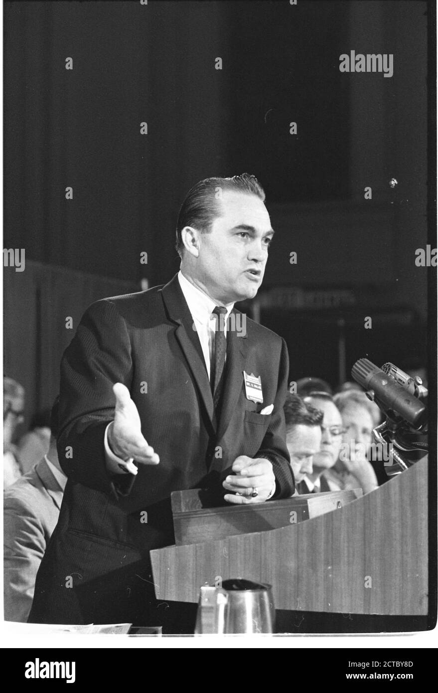 Governor George C Wallace (1919-1998) of Alabama addresses an audience from the podium at the Democratic National Convention, Atlantic City, NJ, 8/1964. (Photo by Warren K Leffler/US News & World Report Magazine Photograph Collection/RBM Vintage Images) Stock Photo