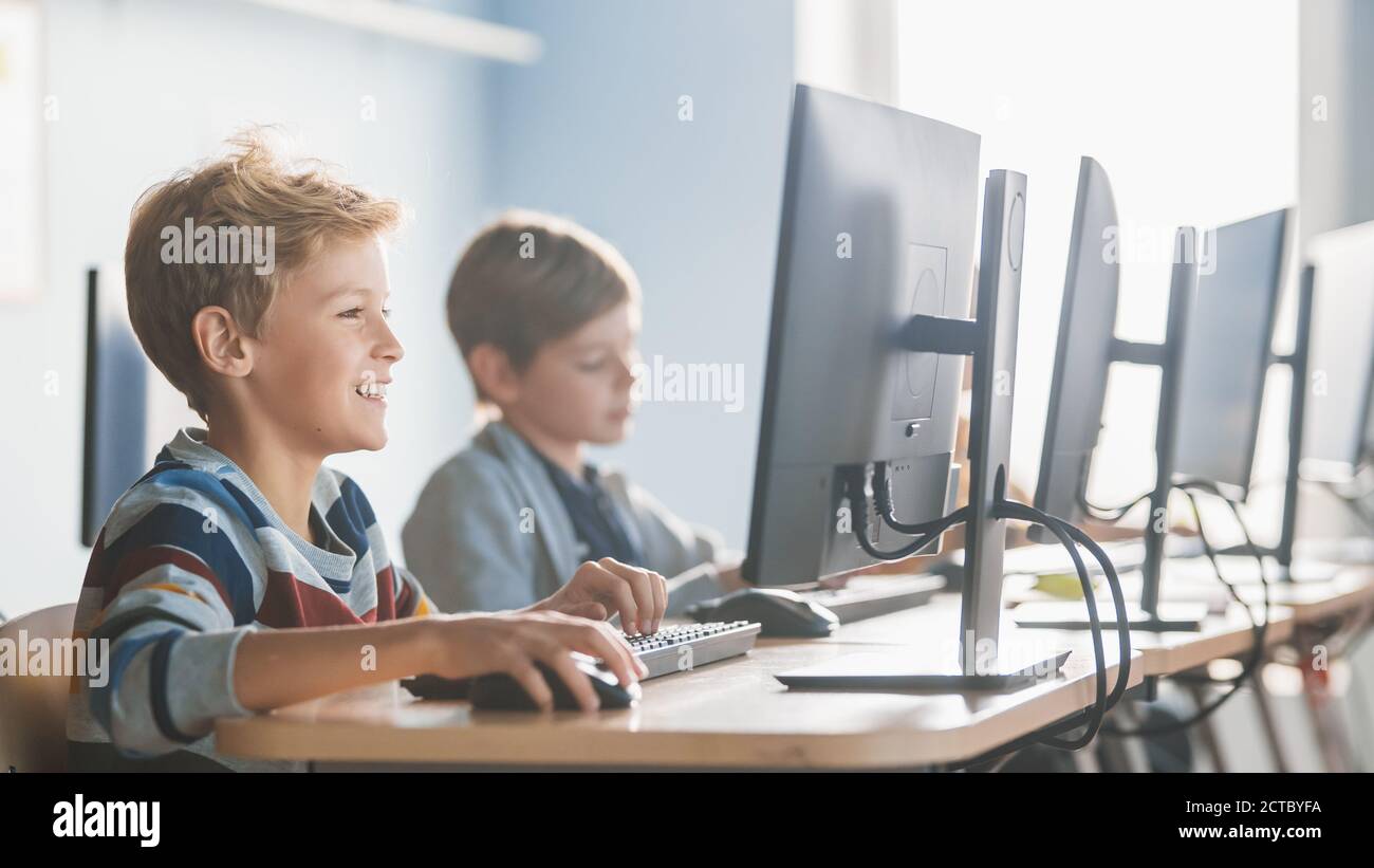 Elementary School Computer Science Classroom Smart Little Schoolboy