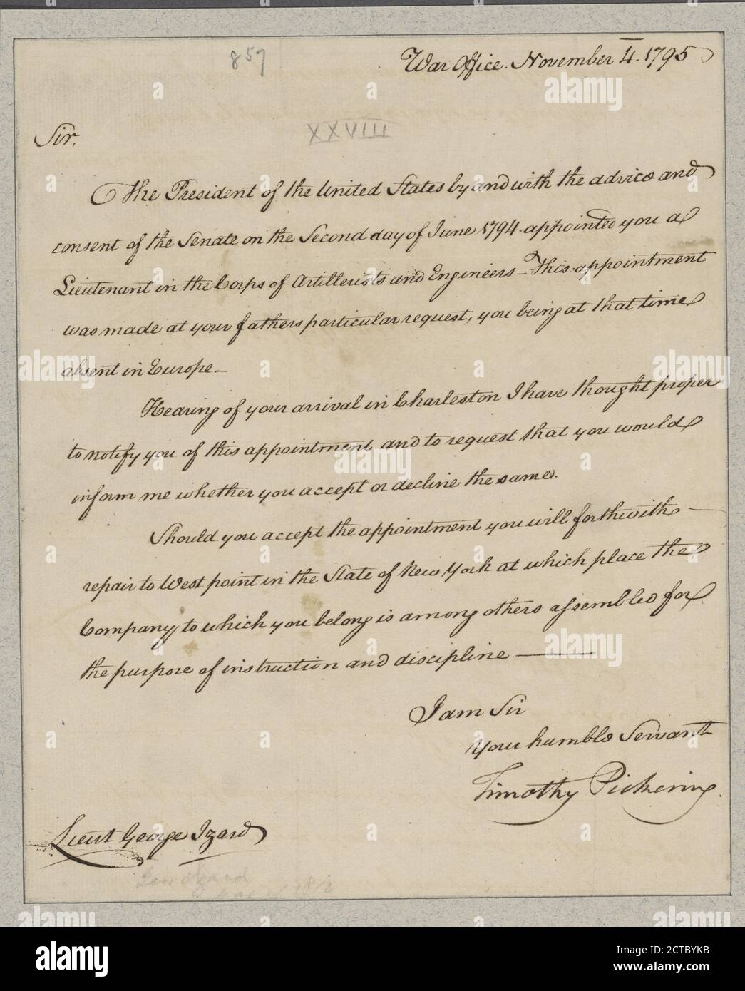 Pickering, Timothy. War Office. To Lieutenant George Izard, text, Documents, 1795 Stock Photo