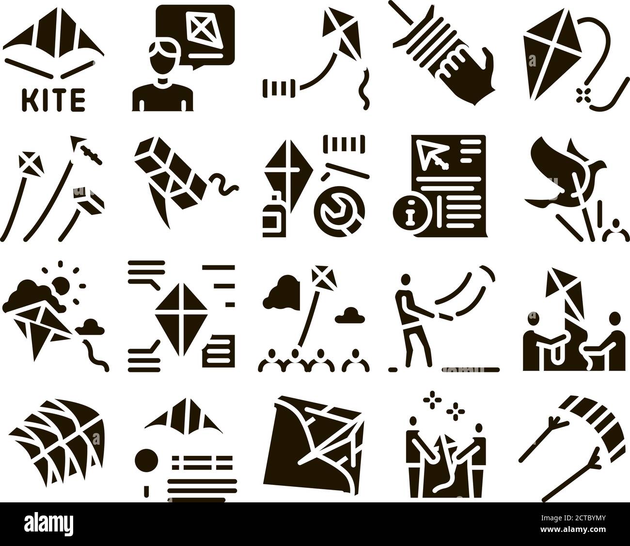 Kite Flying Air Toy Glyph Set Vector Stock Vector
