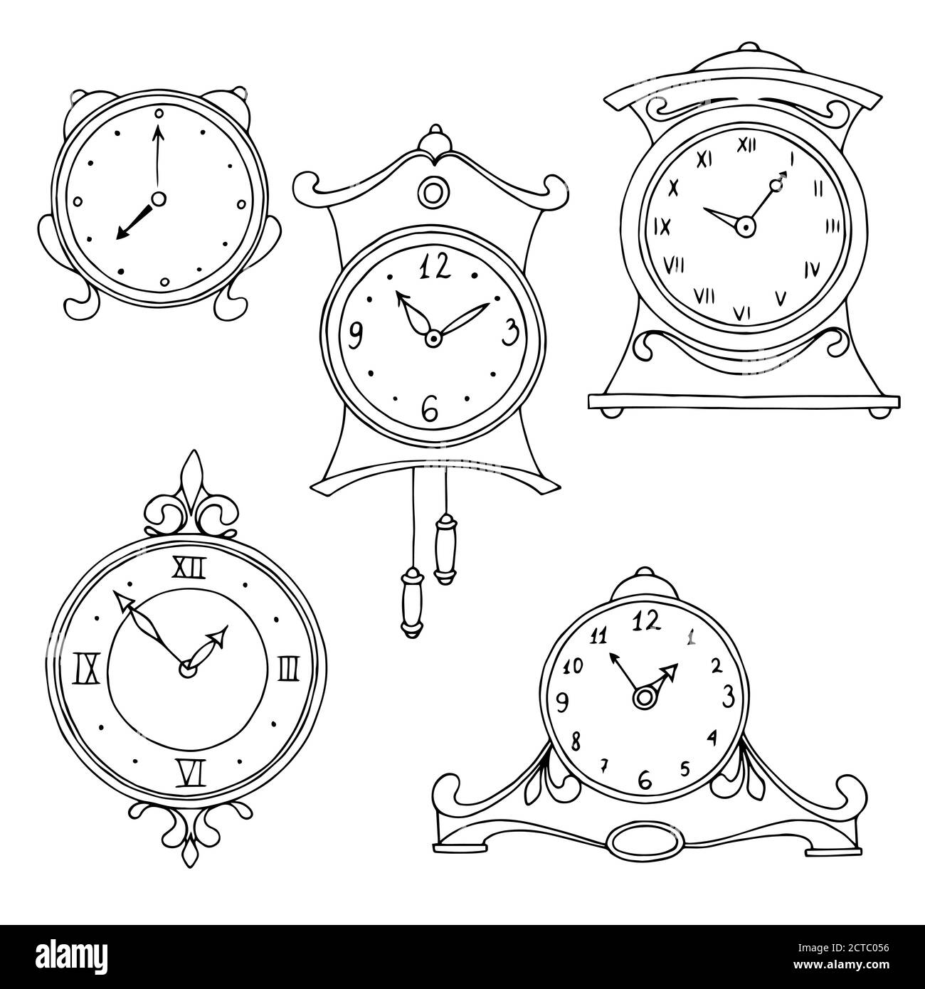 Clock graphic set art black white isolated sketch illustration vector Stock Vector