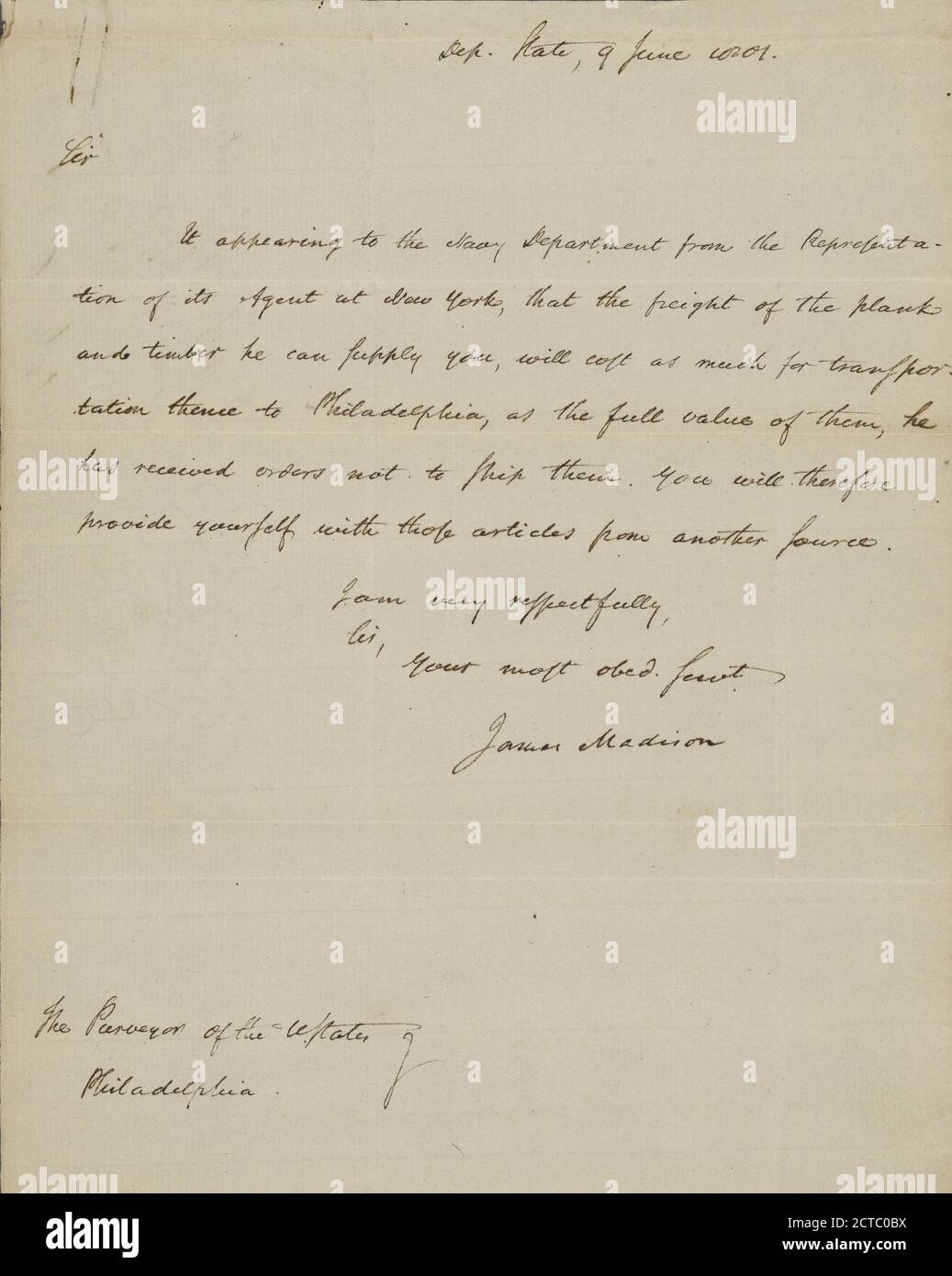 Letter to Israel Whelen, text, Correspondence, 1801, Madison, James, 1751-1836 Stock Photo
