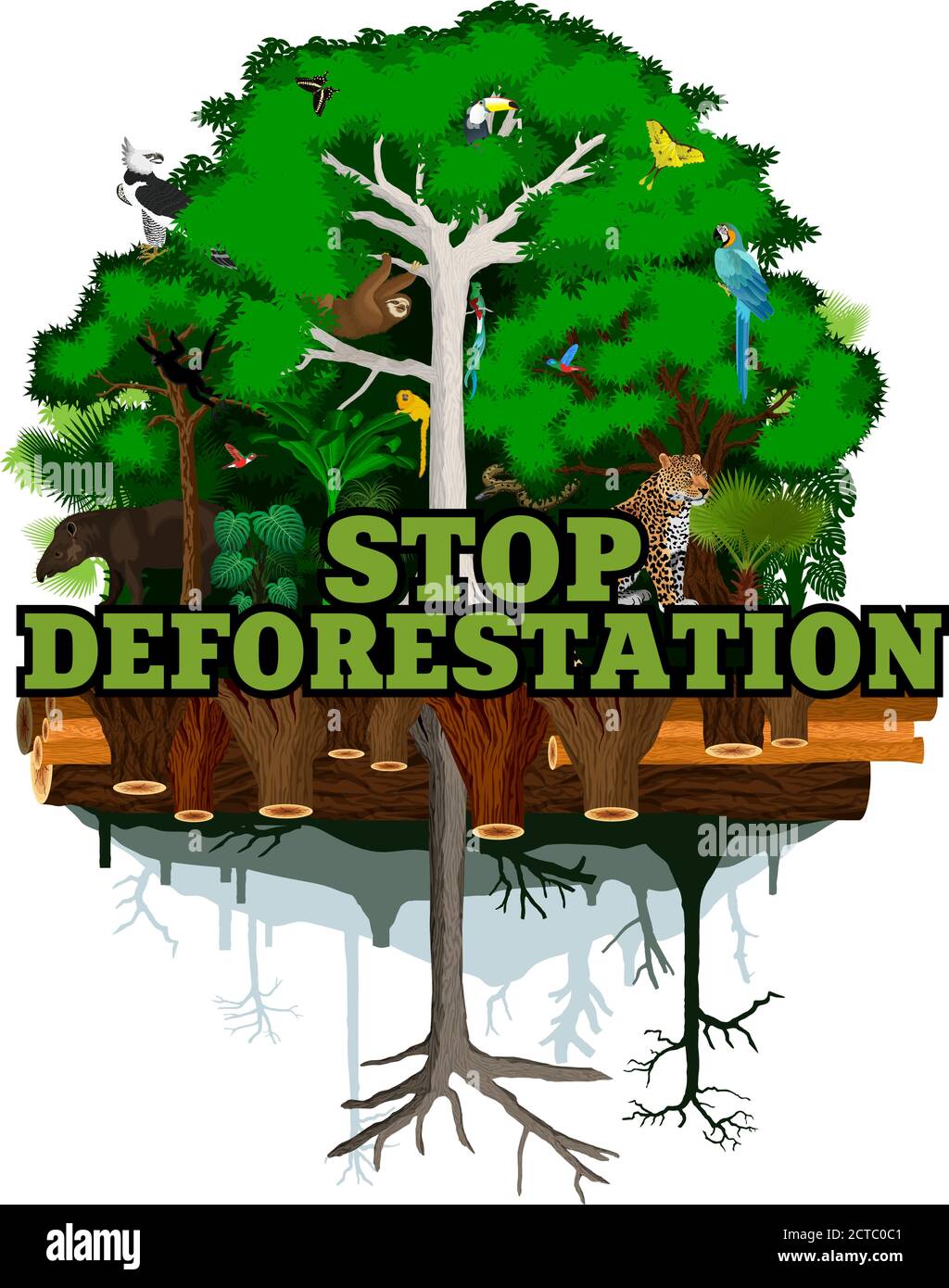 Deforestation jungle vector illustration. Vector Rainforest destroyed with animals. Stock Vector