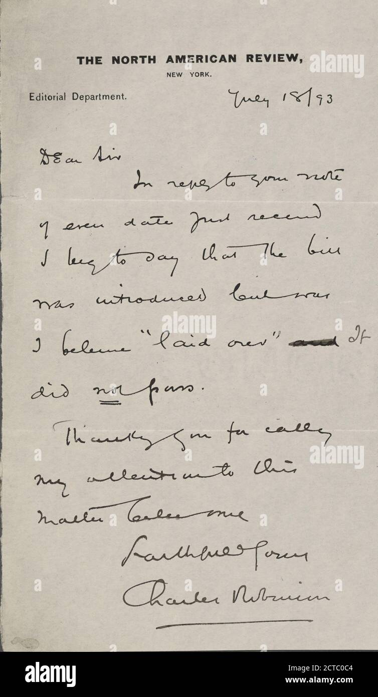Robinson, Charles, text, Correspondence, 1893 Stock Photo