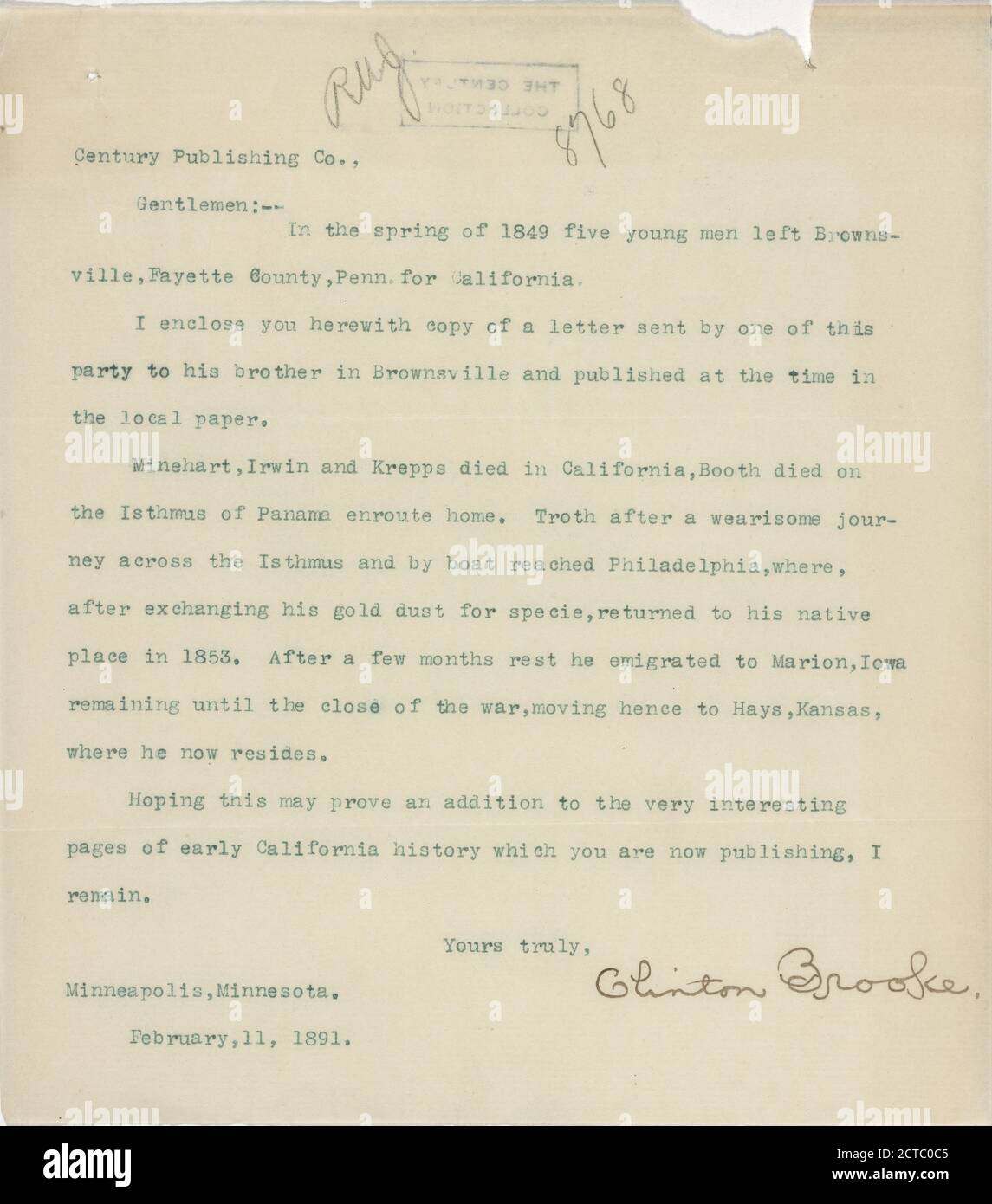 Brooke, Clinton, text, Correspondence, 1891 Stock Photo