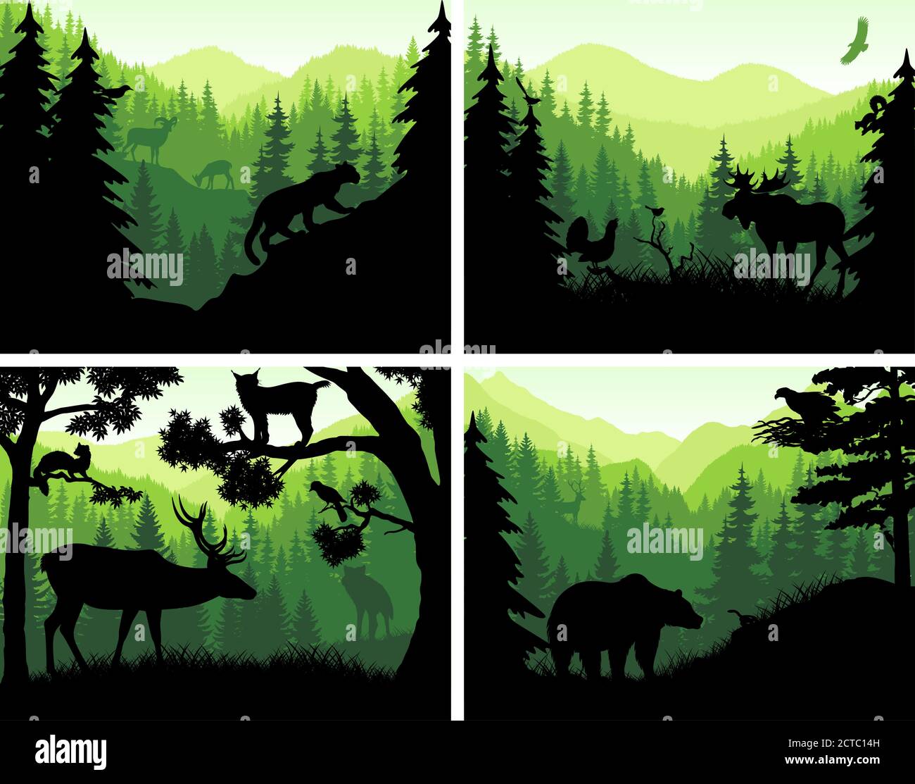 set of vector mountains woodland animals silhouettes in sunset design templates Stock Vector