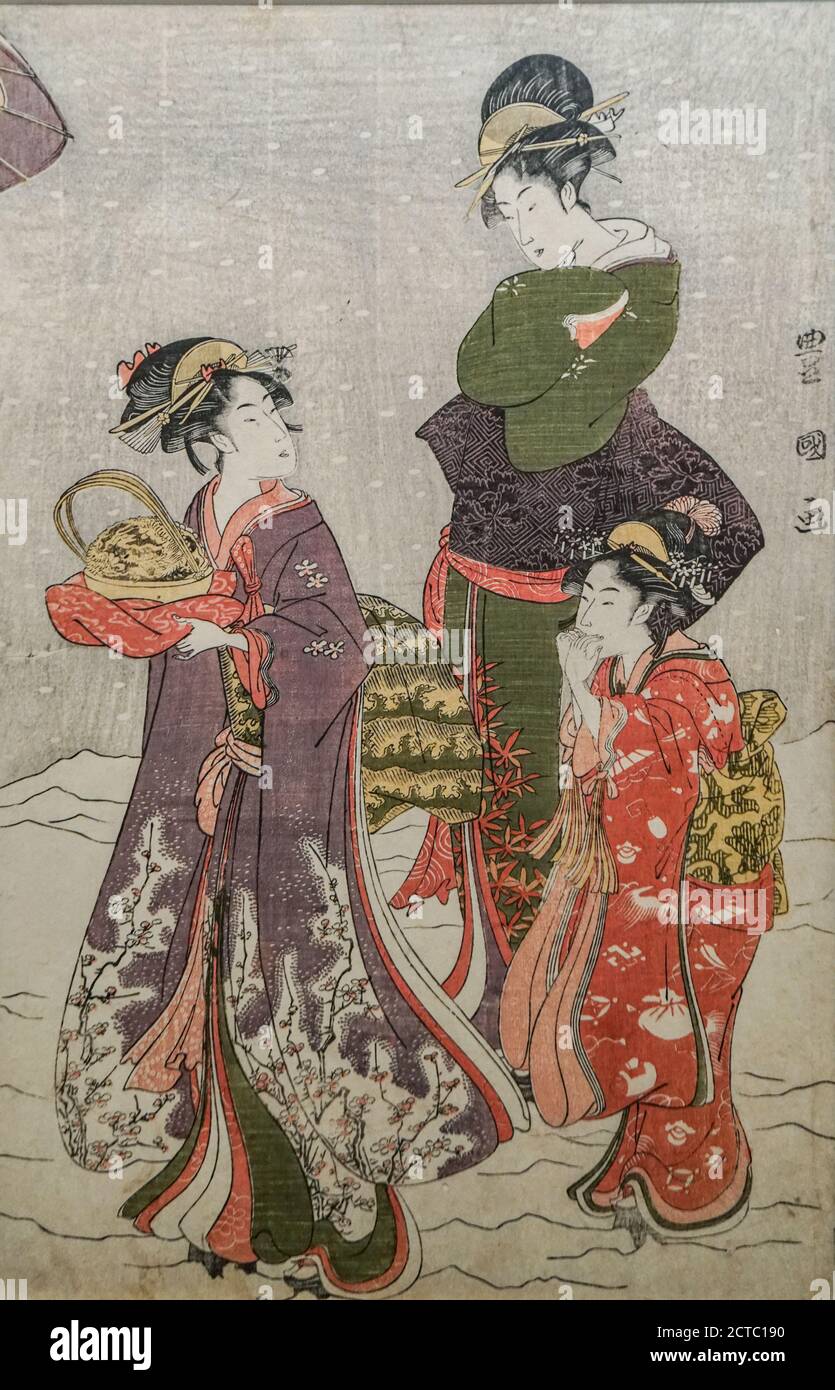 Playing in the Snow, by Utagawa Toyokuni, woodblock print, Edo period, late 18th - early 19th century Stock Photo