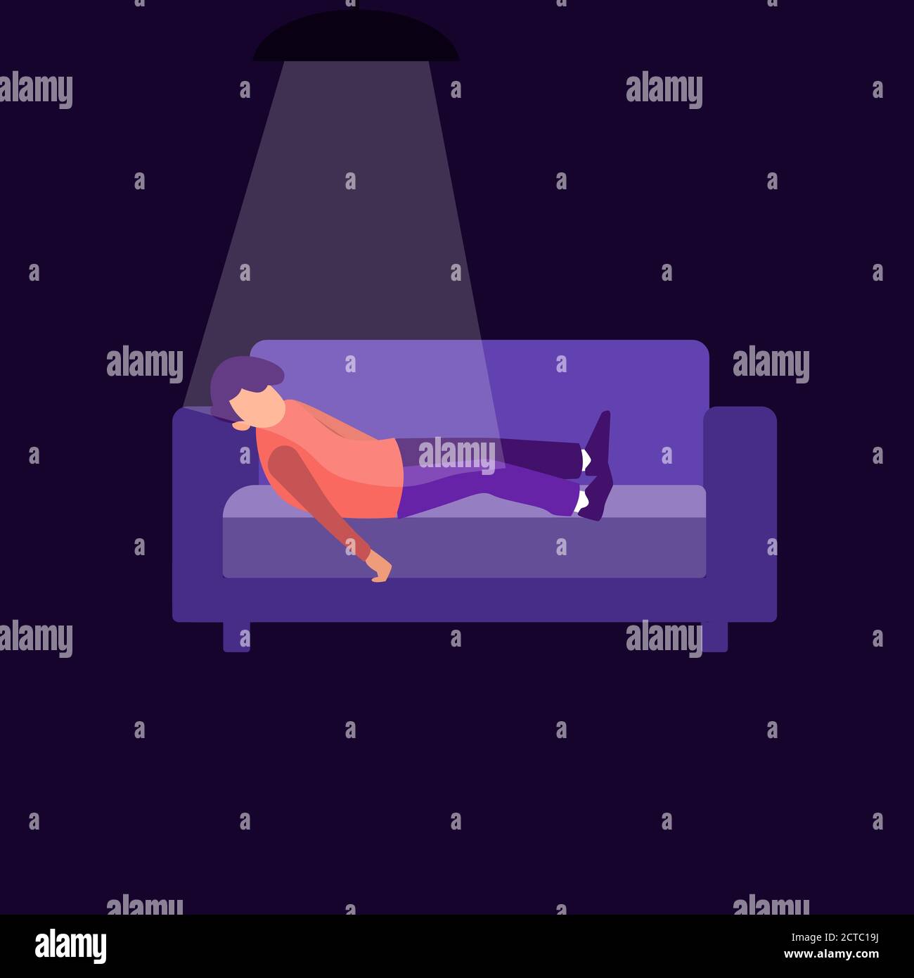 Worker procrastination project for later concept. Lazy character works with puts off lack discipline sleeping couch. Stock Vector