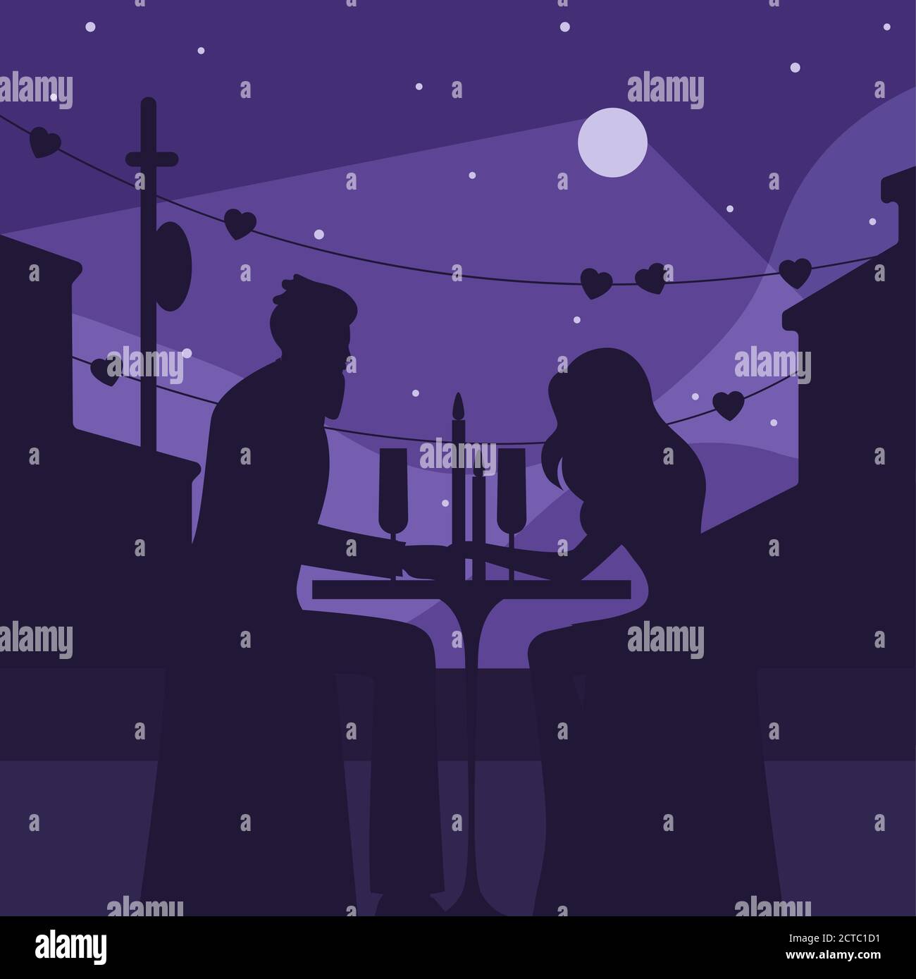 Romantic dinner with moon silhouette illustration. Characters in love sit restaurant table with candles in open area. Stock Vector